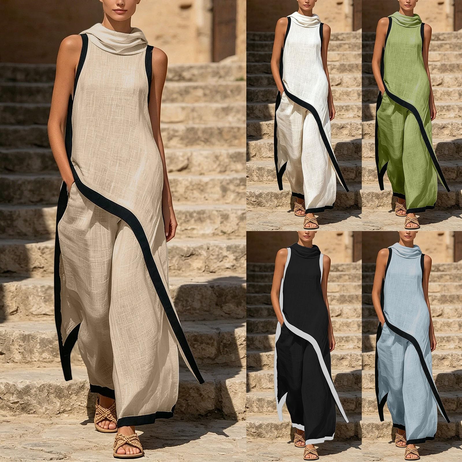 Conjunto de dos piezas para mujer, elegante, sin mangas, camiseta y pantalón, traje informal de dos piezas, traje informal ligero asimétrico de verano, traje festivo para mujer, traje de