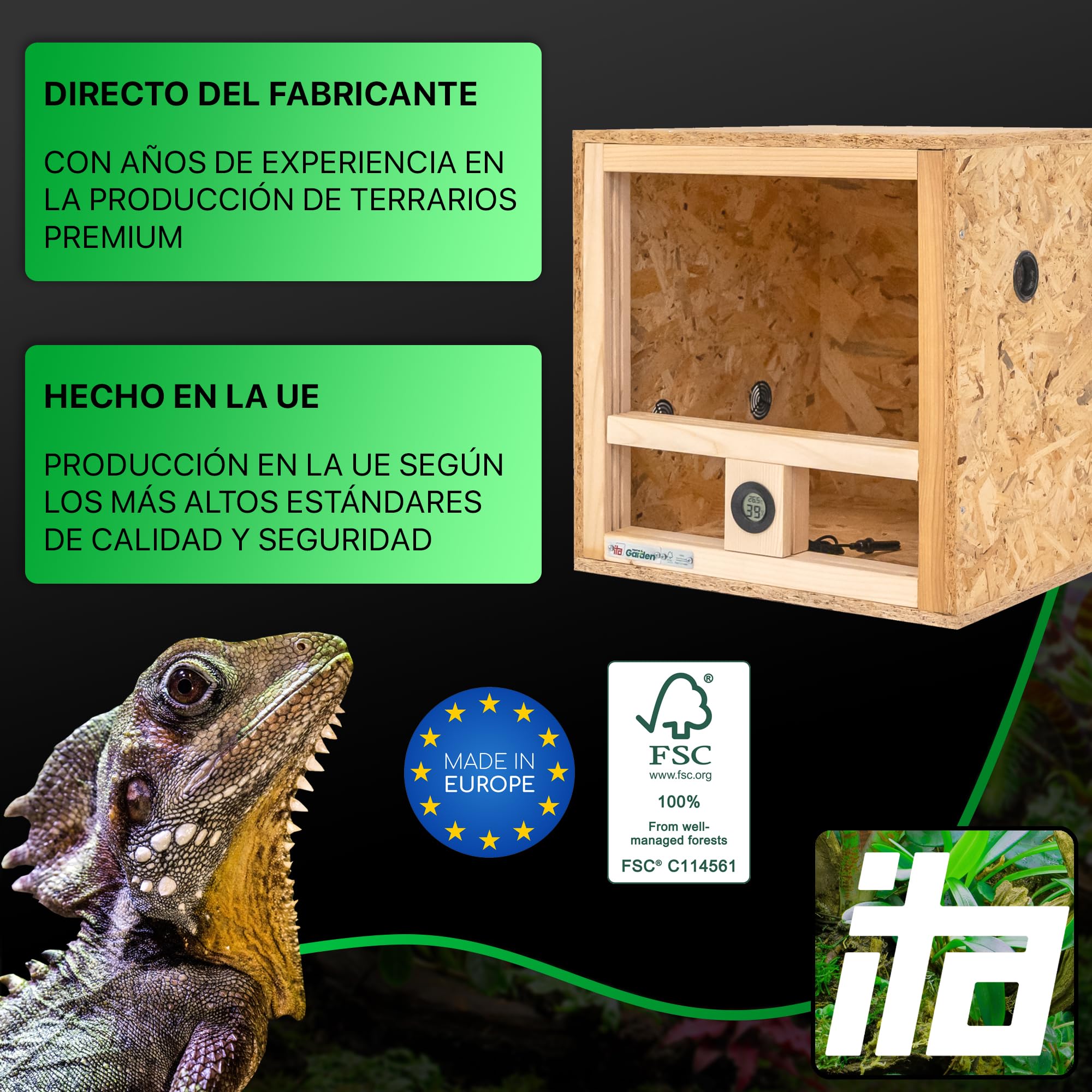 ITA Mini terrario 40x40x40 cm con ventilación Lateral e higrómetro Integrado - Terrarios de OSB-3 - para Reptiles, Serpientes, Anfibios - Producto UE, Certificado FSC