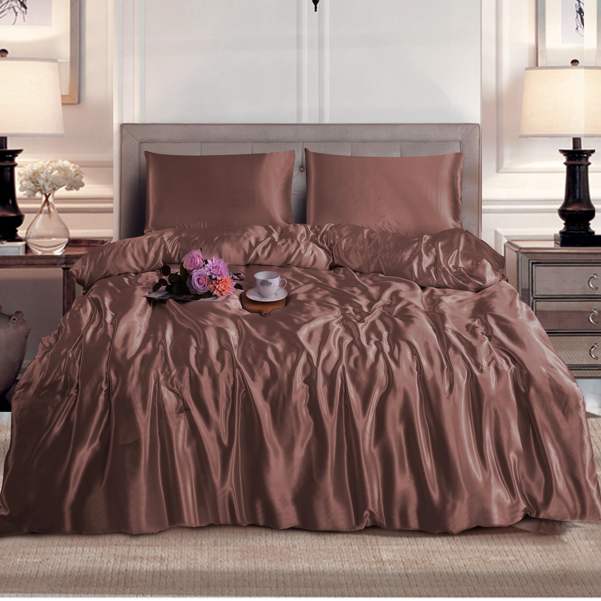Hadi London Slik Satin Duvet Cover Sets - Luxurious Bedding with Zip Fastening - Soft and Breathable Quilt Cover with 2 Pillowcases - Available in Single, Double, and King Sizes (BLUSH-PINK, DOUBLE)