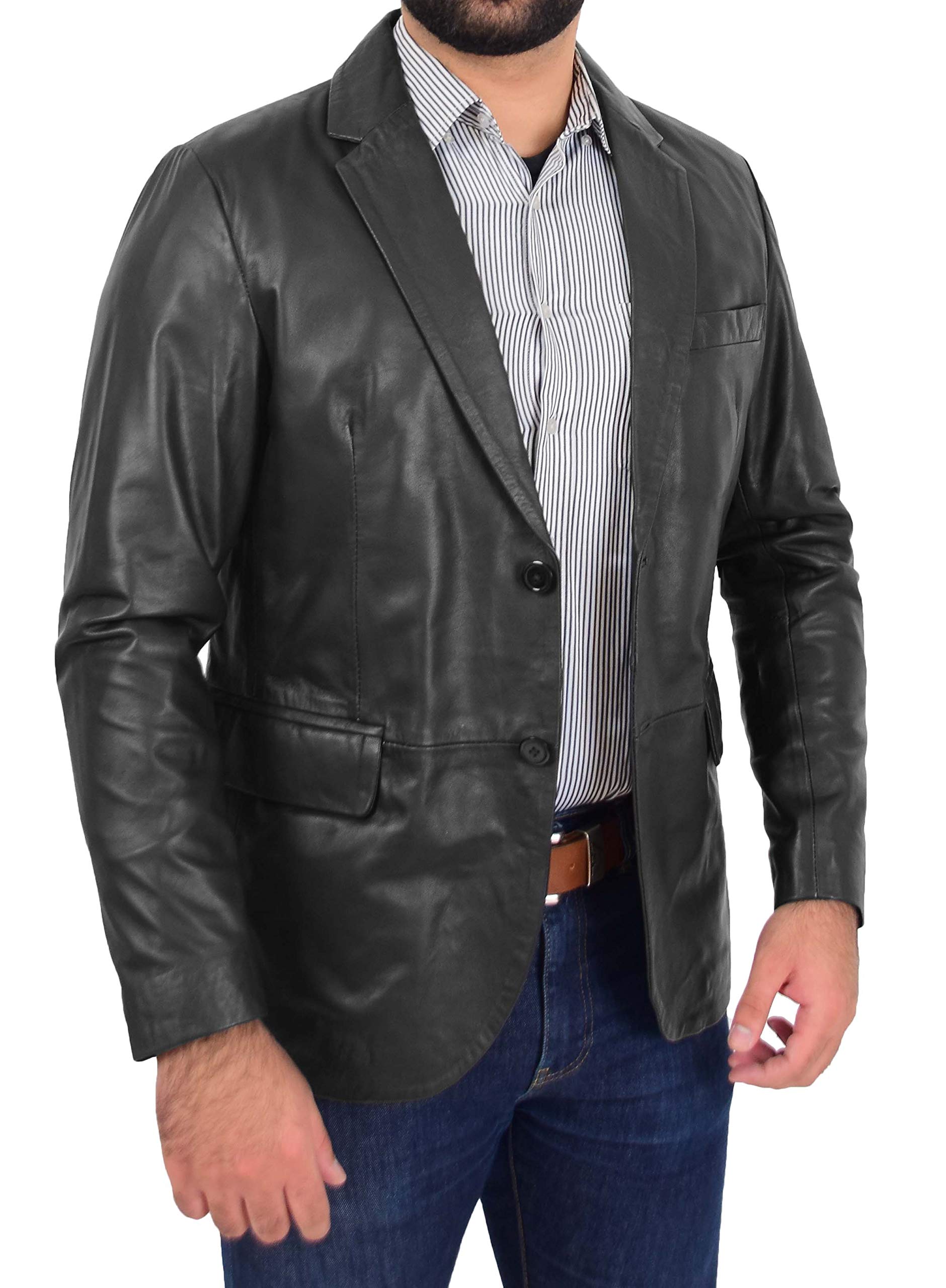 Mens Black Leather Blazer Jacket Fitted Cut 2 Button Coat - Donnie