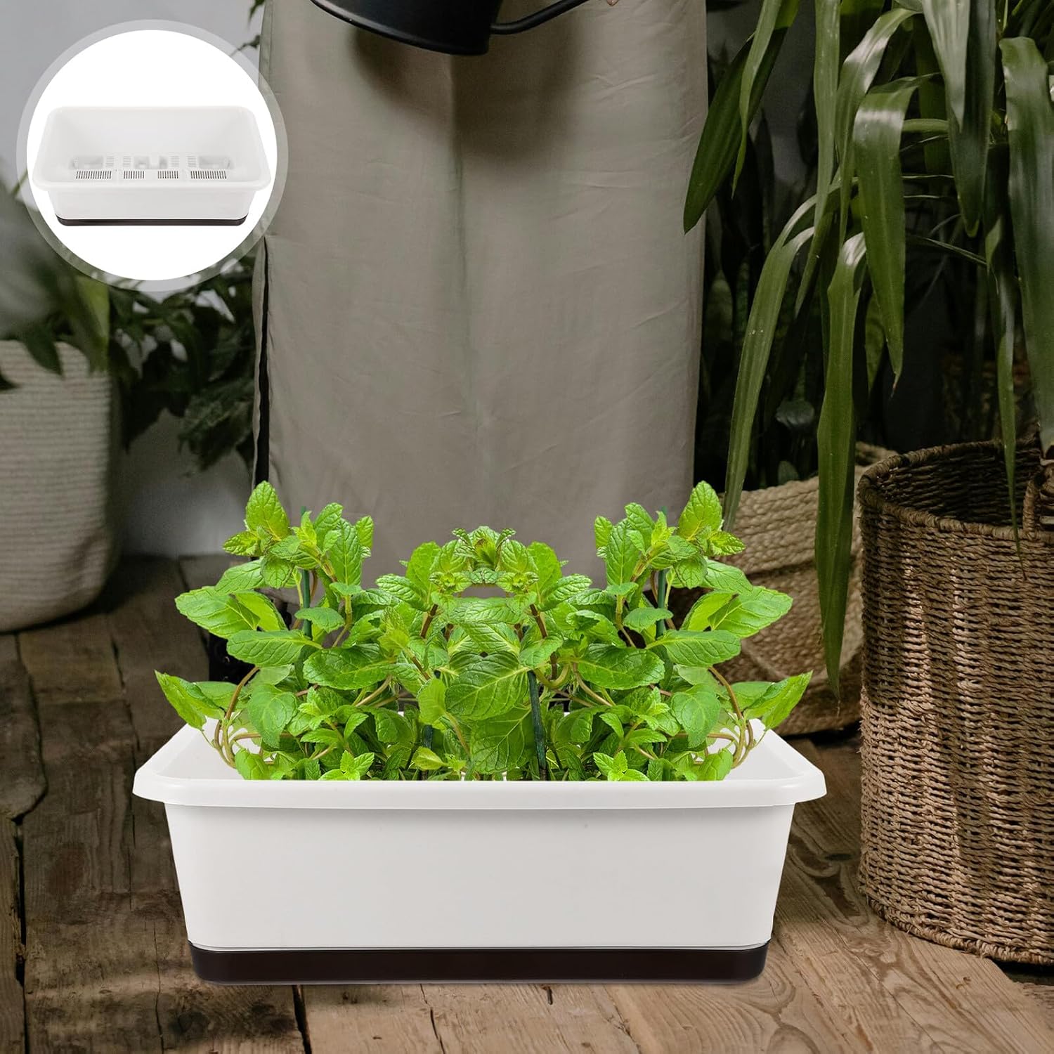 Kichvoe 2pcs White Rectangular Balcony Planter Boxes with Tray, Low-Profile Wide Window Flower Pots for Vegetable and Succulent Gardening, Plastic Garden Planters for Indoor and Outdoor