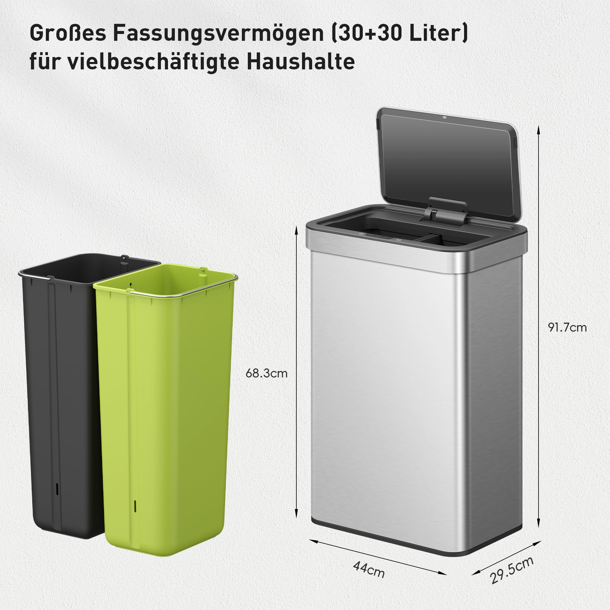 EKO NOVA Mülleimer mit Sensor 2 x 30L Edelstahl Softclose fingerabdruckfrei elektrischer Küchenmülleimer