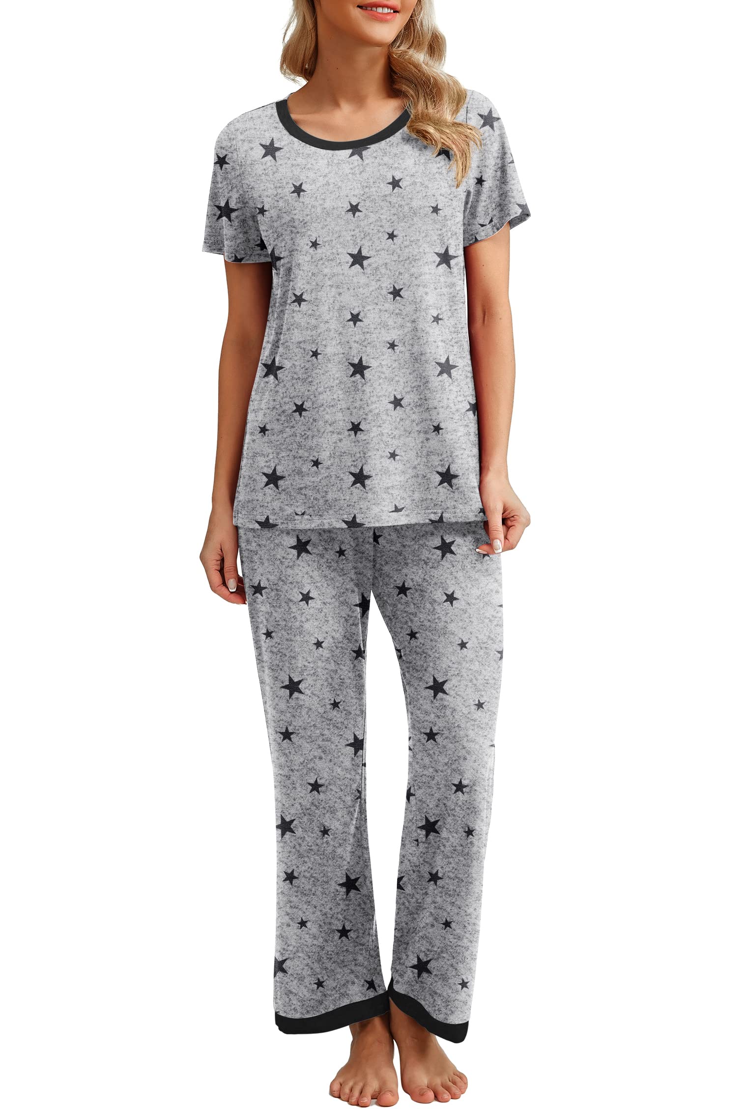 PrinStory Schlafanzug Damen Rundhals Pyjama Set Kurzarm Schlafanzugoberteile Und Lange Nachtwäsche Hosen Mit Taschen Lounge-Set