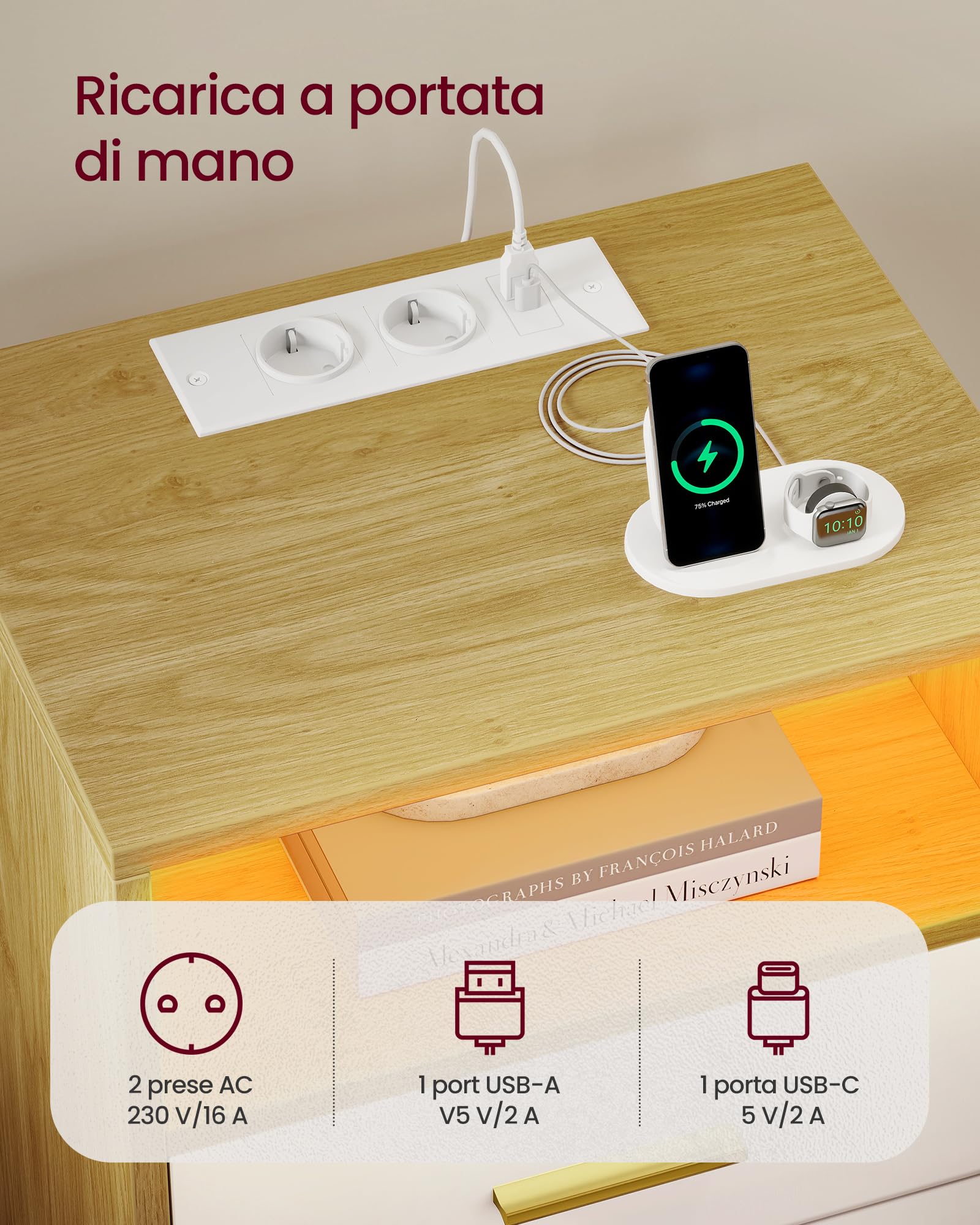 VASAGLE CUSTOS Collezione - Set di 2 Comodini con Stazione di Ricarica, Luce LED, Tavolini Moderni con Cassetti, Ripiano Aperto, 2 Prese AC e Porte USB, Rovere Naturale e Bianco Nuvola LET829YD02