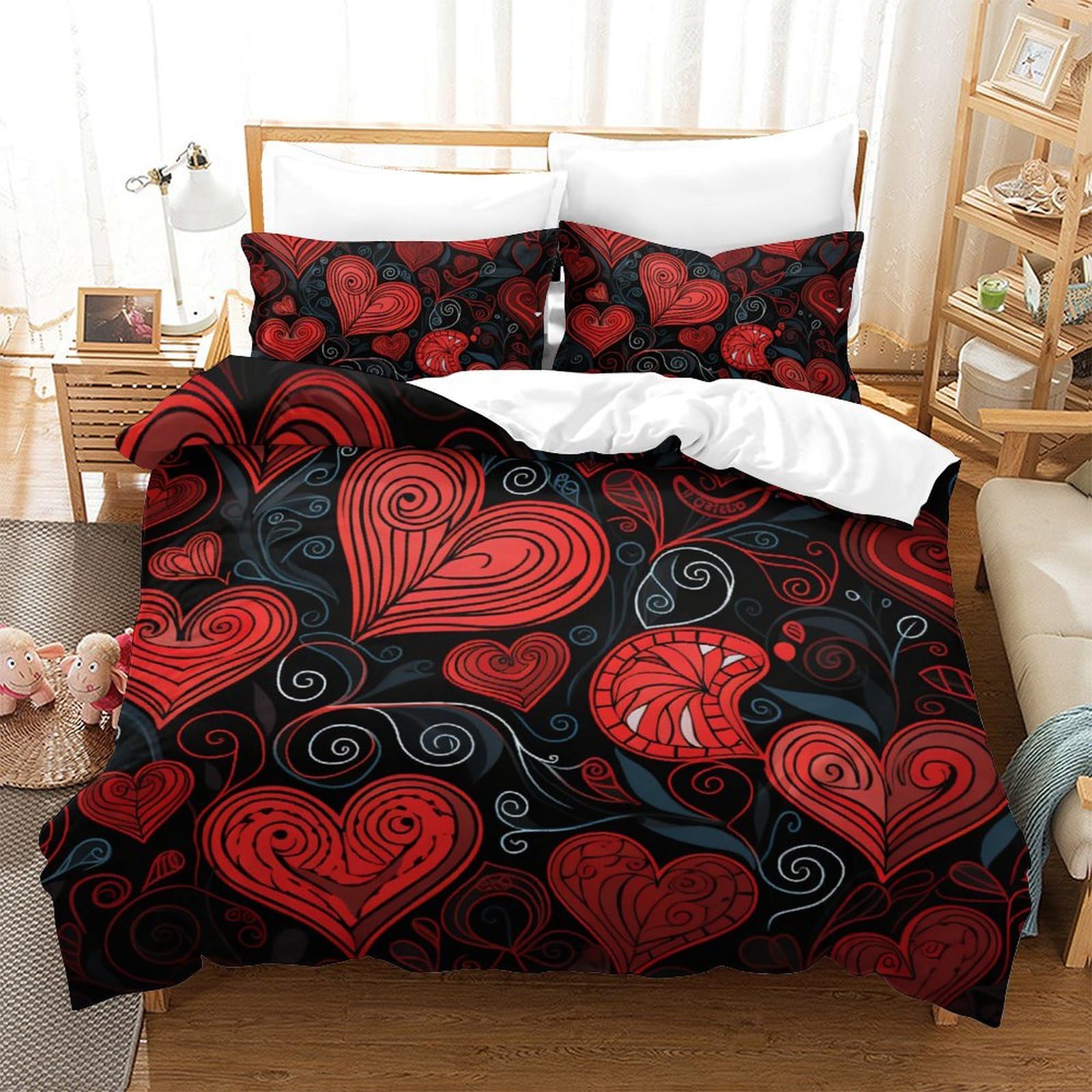 Parure de lit 3 pièces motif Love 3D en microfibre pour lit deux personnes