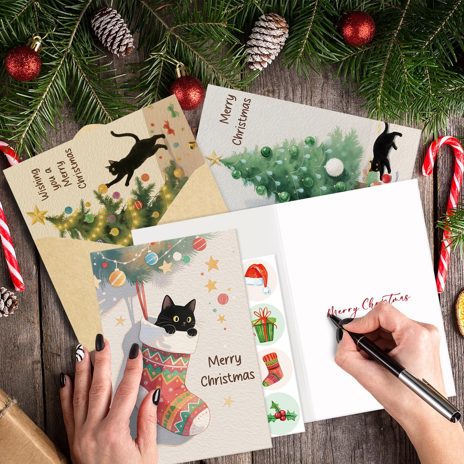 SuperShunhu Weihnachtskarten mit Katze, blanko, für Katzenliebhaber, festliches Urlaubsgrußkarten-Set mit Umschlägen und Aufklebern, 10,2 x 15,2 cm, 24 Stück