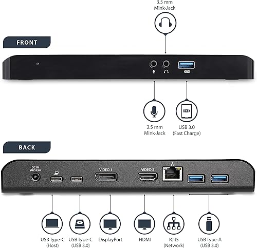 Miniatura 4 de StarTech.com Estación de acoplamiento para laptop USB-C de doble monitor con HDMI 4K, DisplayPort, 4 puertos USB 3.0 y PD de 60 W, base USB C para