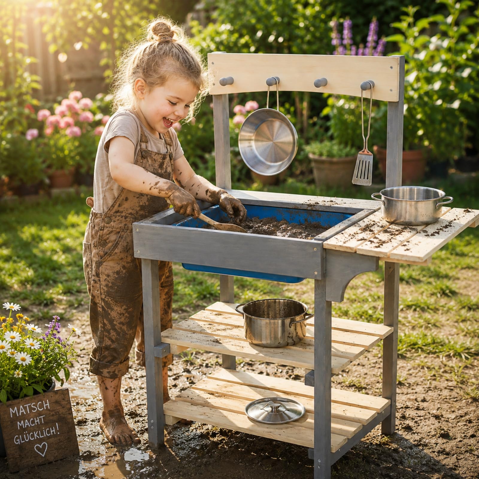 HAGO24 Matschküche Spielküche Kinderküche Sandküche Holz Zubehör Outdoor Garten Terrasse herausnehmbar Spüle