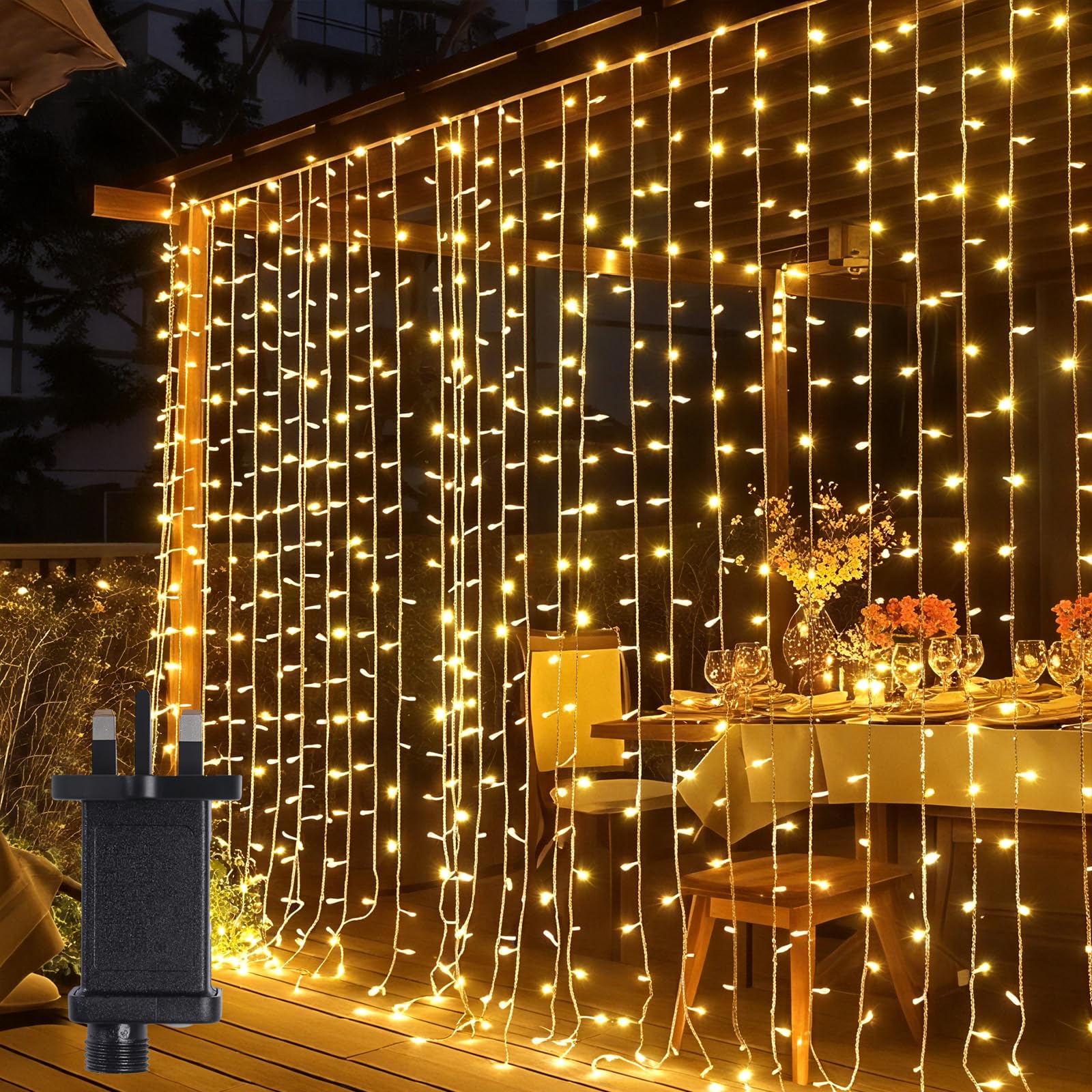GlobaLink Curtain Lights, 600LED 6x3m, Warm White, 8 Modes, Waterproof