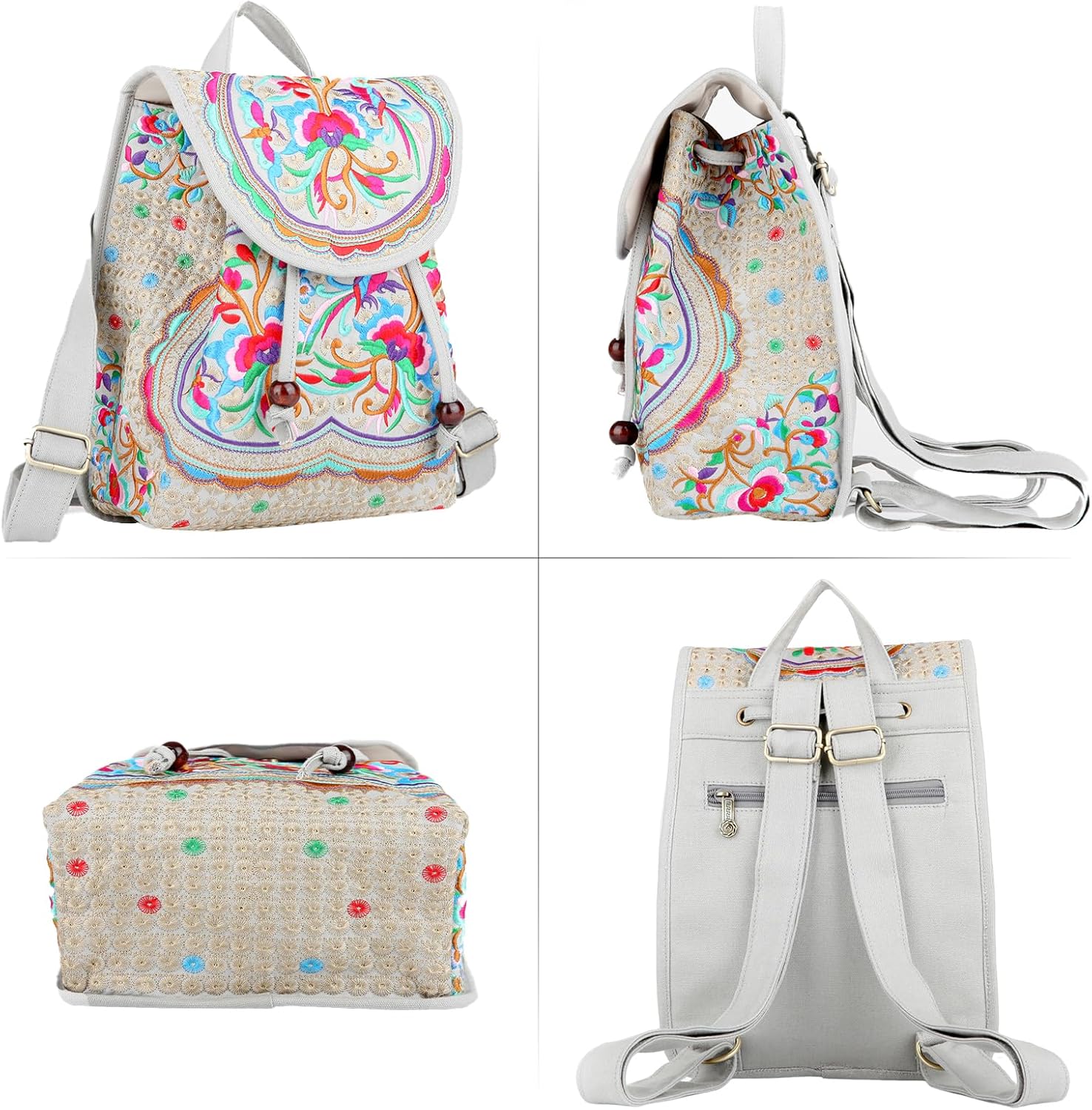 Goodhan Vintage Embroidered Backpack Purses for Women - Boho Shoulder Bag for Travel,Ethnic Floral Mini Back Pack,Lightweight Handbags for Daily Use (Grey-Red) - Image 5