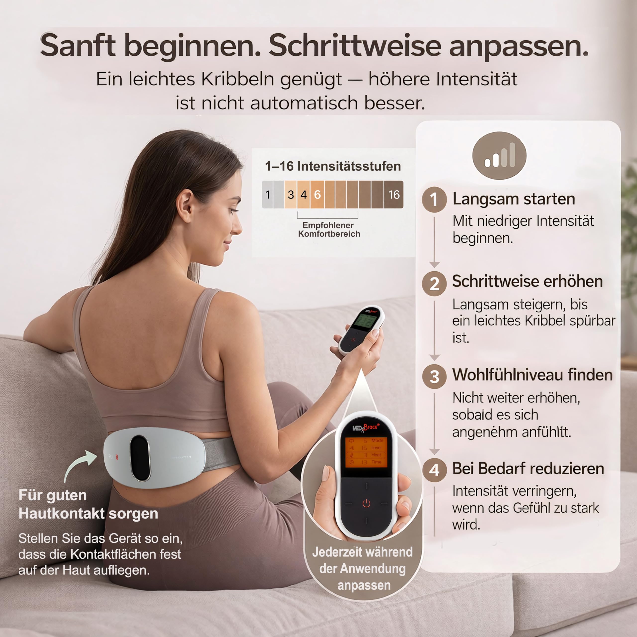 MEDiBrace PULS8 Lenden- & Bauch-Pulsmassage-Gürtel für den unteren Rücken mit Wärmefunktion, USB-C-wiederaufladbar, kabellos, Rotlicht (LED)
