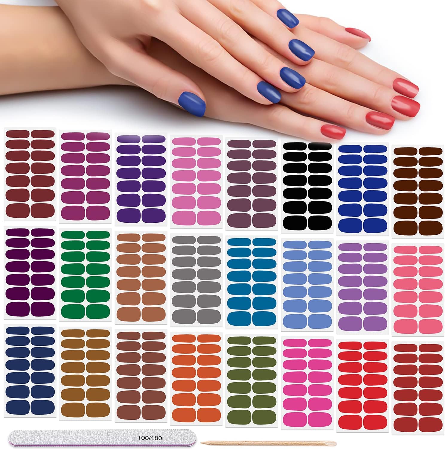 DANNEASY 24 Sheets Solid Color Nail Wraps Stick on Nail Polish Stickers for Women Self Adhesive Nail Polish Strips Gel Nail Strips Nail Art Sticker Manicure Kit with Nail File, Cuticle Stick