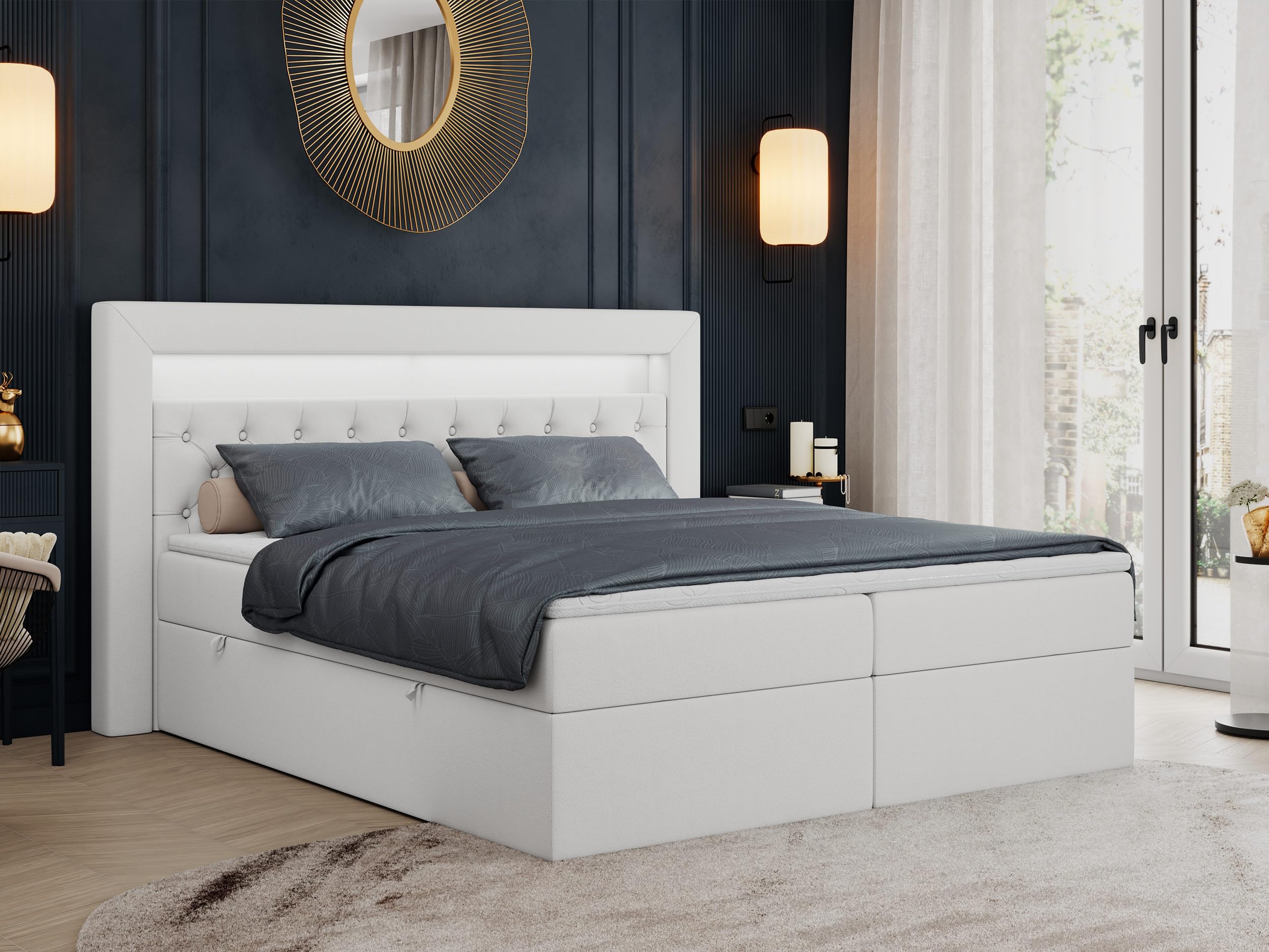 MKS MEBLE Boxspringbett 180x200 mit Led Weiß Kunstleder, Bett 180x200 mit LED Kopfteil, Multipocket Matratze H3, Doppelbett mit Bettkasten Stauraumbett - Gold-6 - Weiß Kunstleder