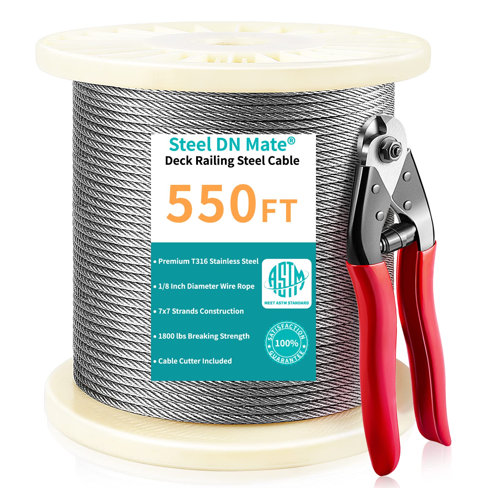 Buy Steel DN Mate1/8 Stainless Steel Cable 550 FT for Steel Cable Railing Kit, T316 Stainless
