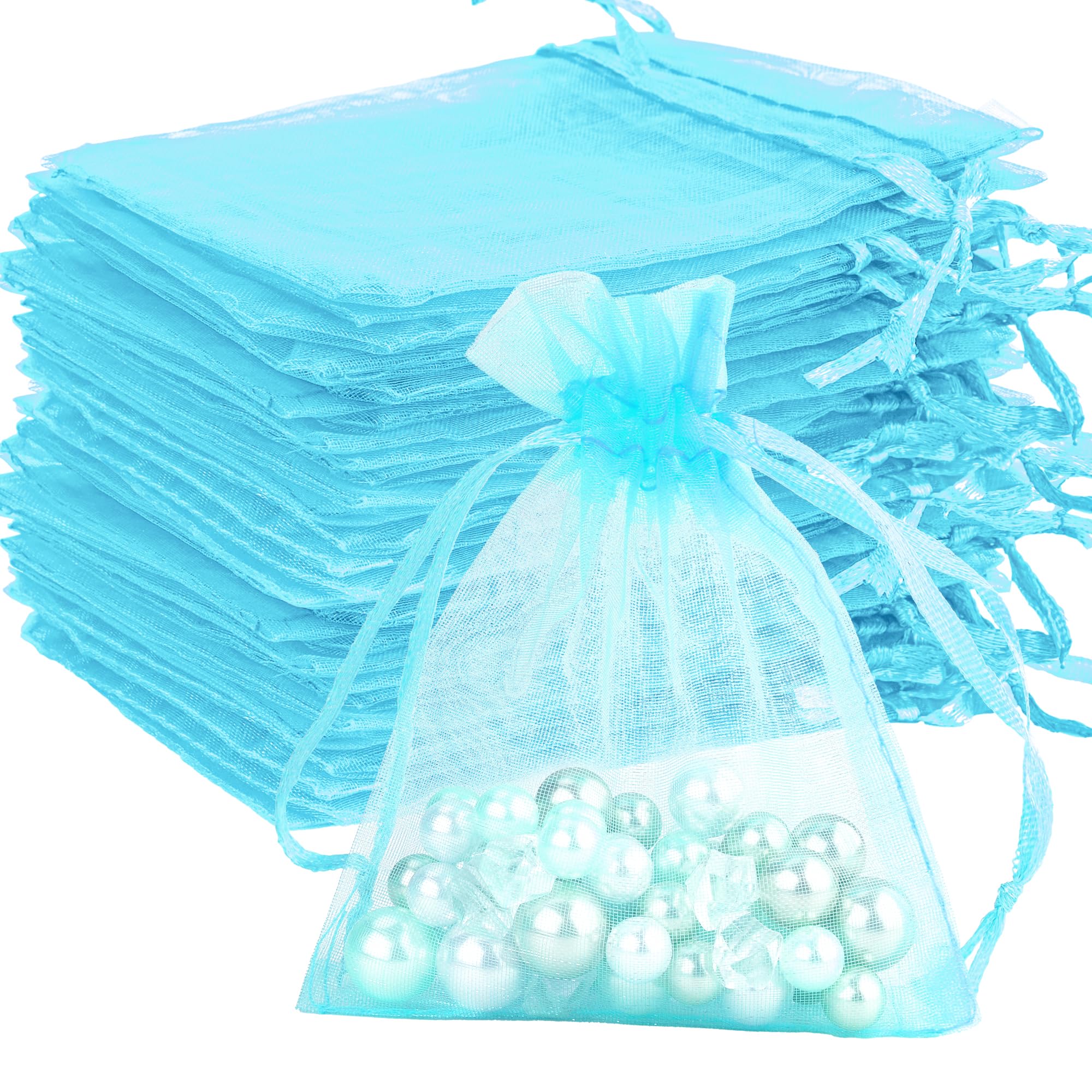 Sheer Organza Bags - 100 Pcs, Small with Drawstring, Jewelry Gift &amp; Wedding Favor Bags, Mini Candy Bags, Lake Blue