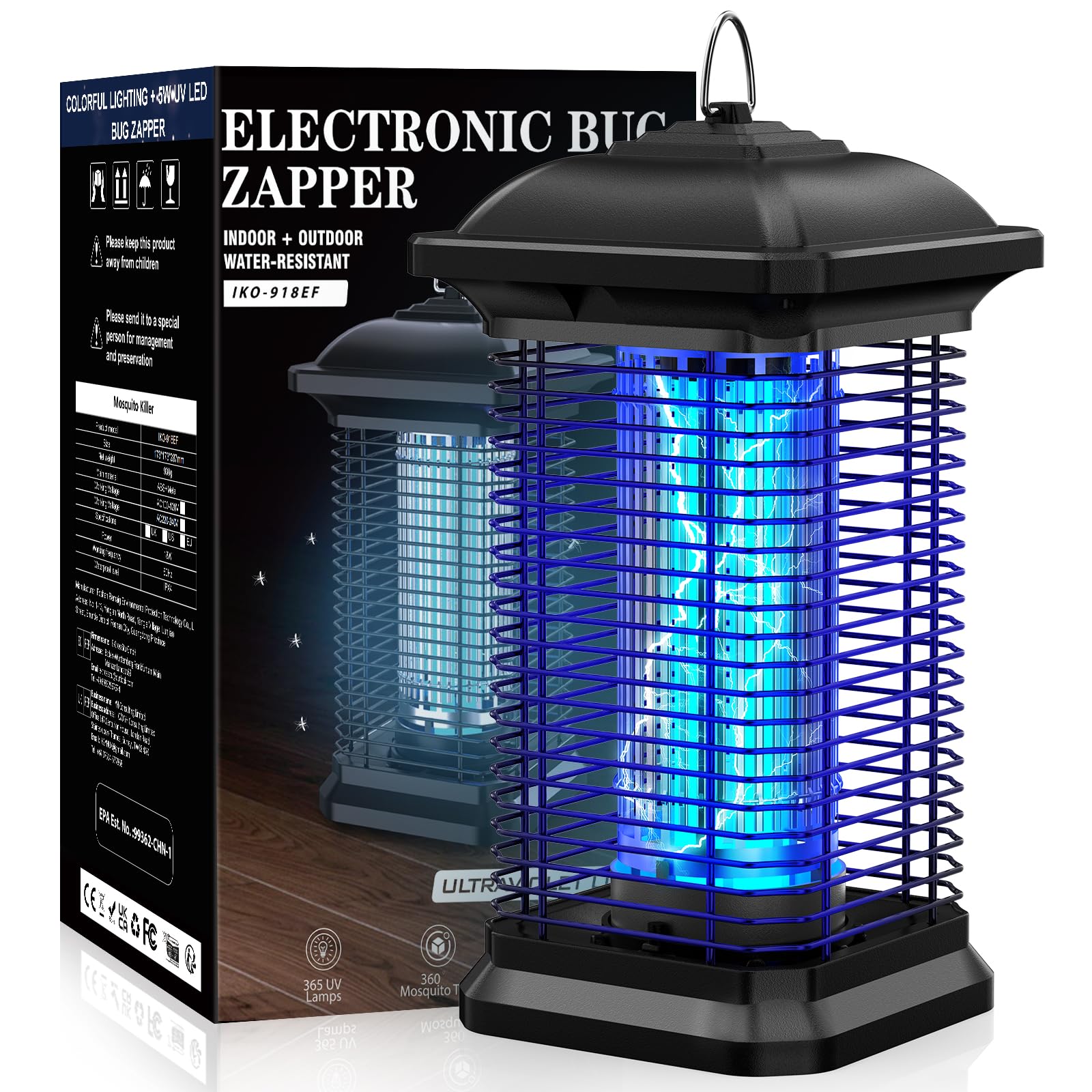 Lampada Antizanzare Elettrica 18W, 4000V UV Zanzariera Elettrica Impermeabile IPX4, Repellente per Zanzare Range 100m² Riducendo Efficacemente gli Insetti Volanti per i Giardini del Patio