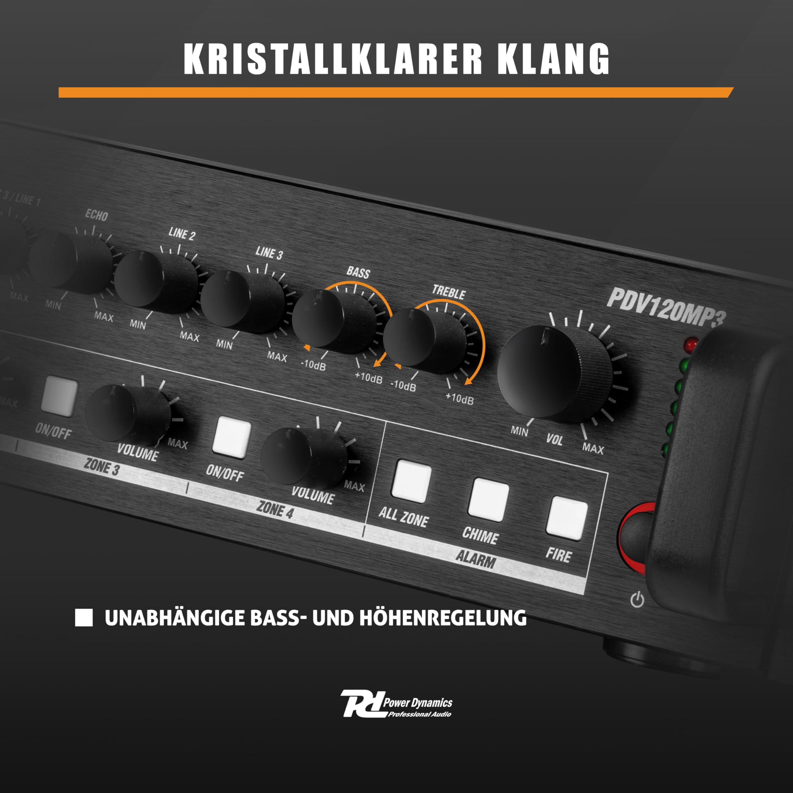Power Dynamics PDV120MP3-4 Zonen Receiver 120 Watt, PA Verstärker mit Bluetooth, MP3, USB, SD & UKW Radio, 3x Mikrofon Anschluss, Karaoke, 3x Audio Eingang, 100 Volt System - Schwarz