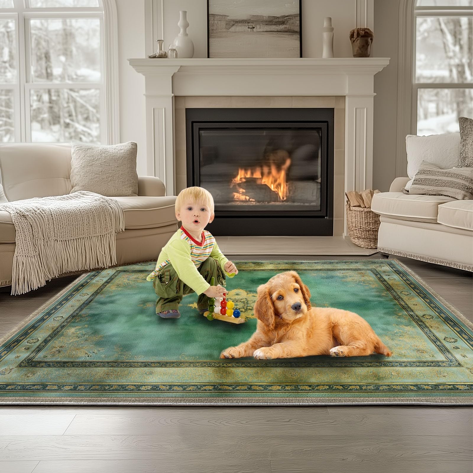 Tapis Moelleux de Salon Moelleux Rétro Ethnique Floral Adaptés à la Chambre à Coucher des Enfants décor à la Maison de la Chambre à Coucher décoration intérieure Tapis - Vert sauge 120 x 180cm
