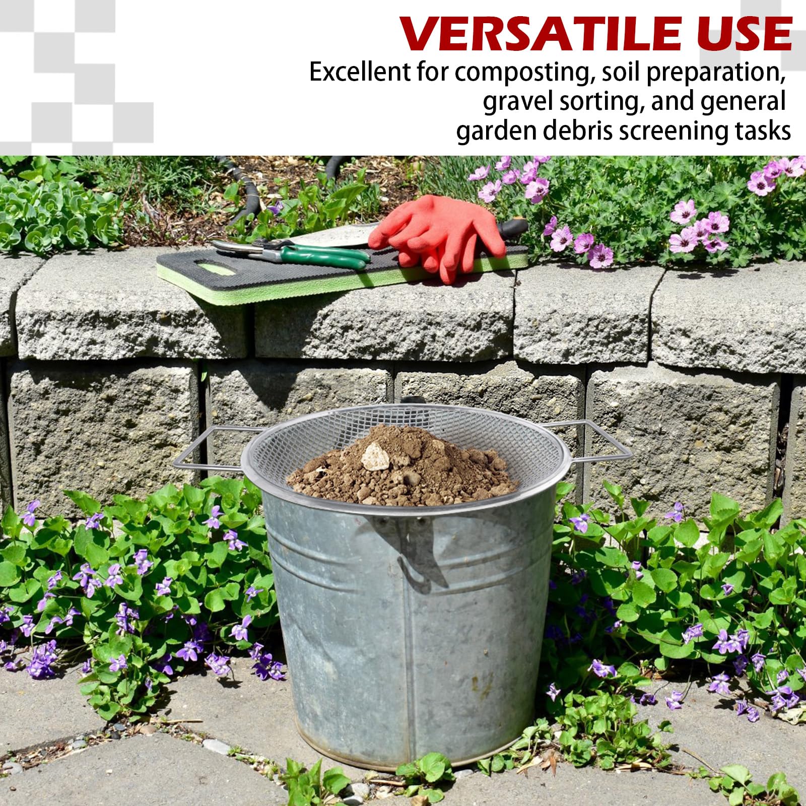 Bodensieb, rund, 6,35 mm Netz, Gartensieb aus Edelstahl mit Griffen für 5-Gallonen-Eimer