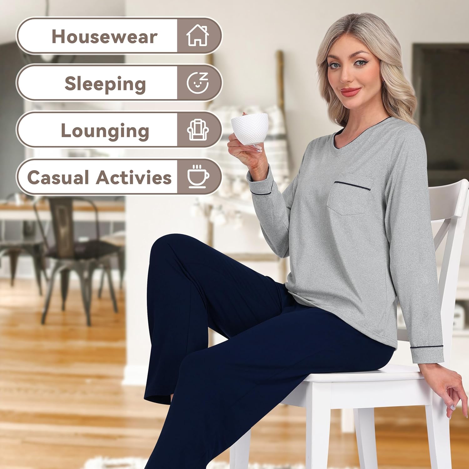 Pajamas for Men & Women Long Sleeve 2 Piece Sleep Lounge V Neck Lightweight Soft Loungewear Sets With Pockets - Image 7