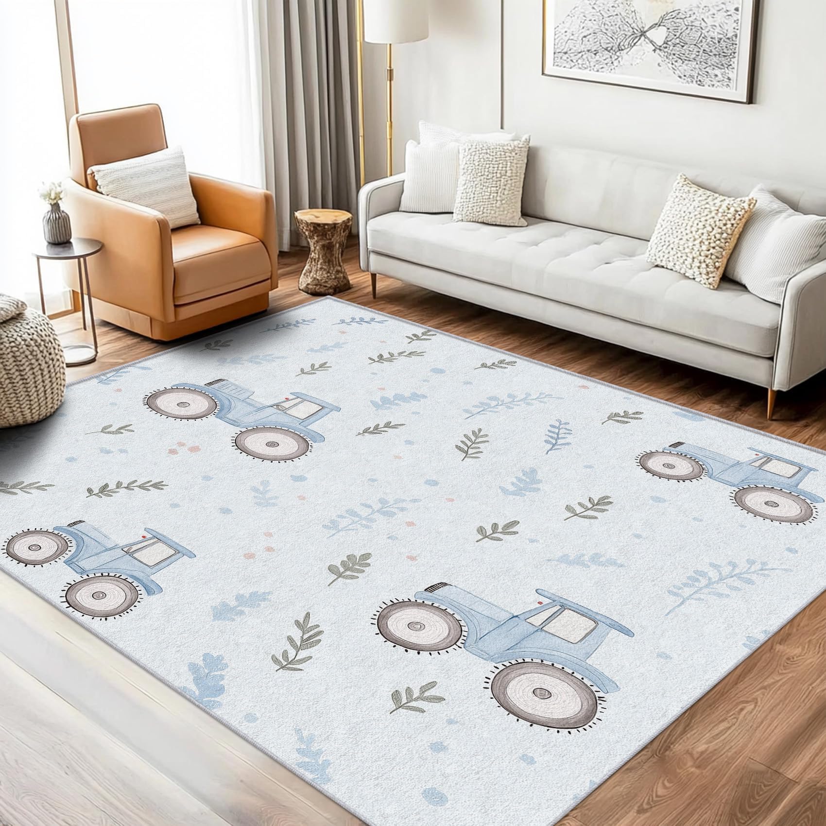 Tappeto per bambini con trattore, 120x170 cm, motivo: auto da costruzione, lavabile, antiscivolo, morbido, per cameretta dei bambini, sala giochi, soggiorno