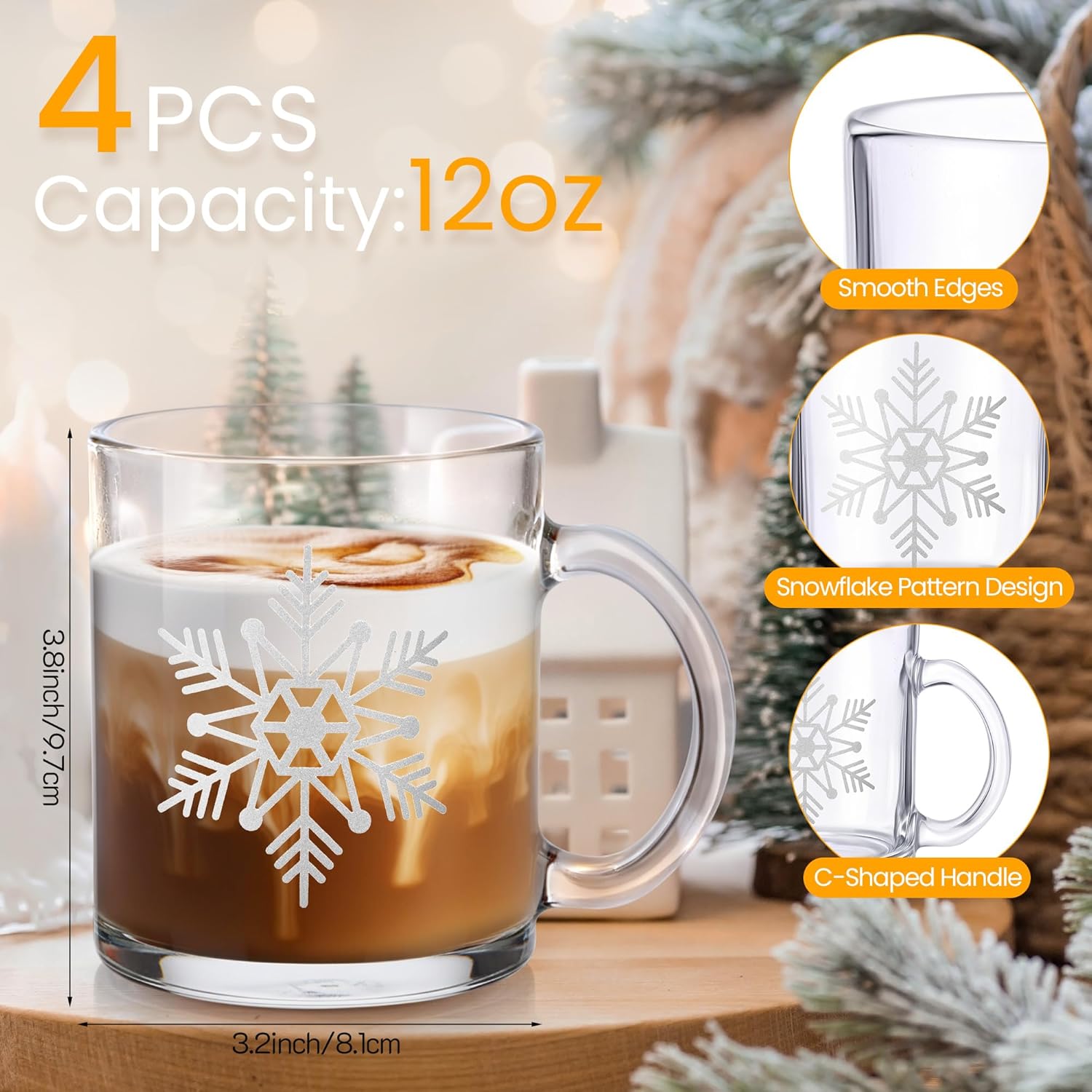 Suclain 4 Pcs Winter Snowflake Glass Mug with Handle 12 oz Christmas Glass Coffee Mugs for Hot Cold Drinks Silver Snowflake Coffee Cups for Tea Winter Xmas Gifts Party Supplies