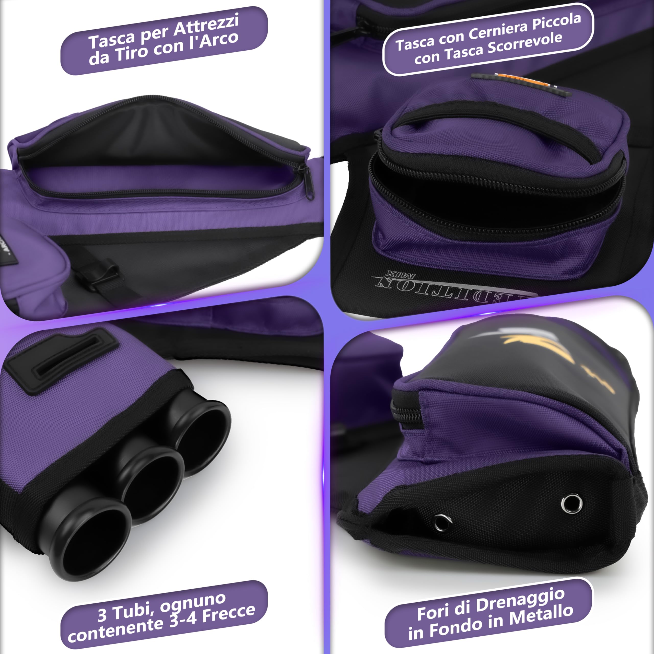 Sunya faretra per frecce Arco. Include 3 Tubi portafrecce, Tasche per Accessori e Cintura. Adatto per Archi Compound e recurve. - 4