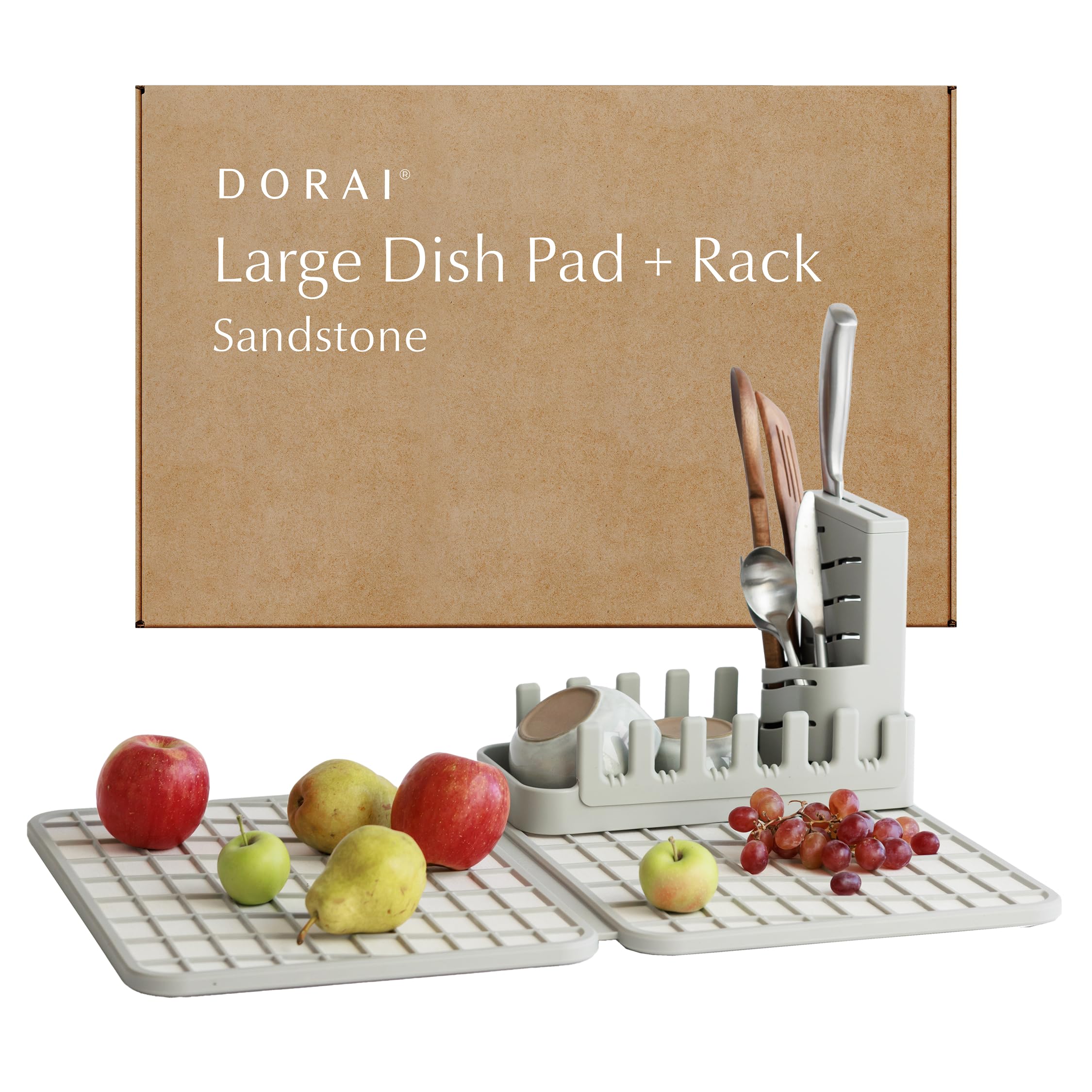 Dorai Home Collapsible Dish Drying Rack with Stone Dish Pad - Kitchen Counter Set with Diatomaceous Earth Stone Dish Mat for Quick Drying - Space-Saving Design - Large 24.6" x 16.5", Sandstone