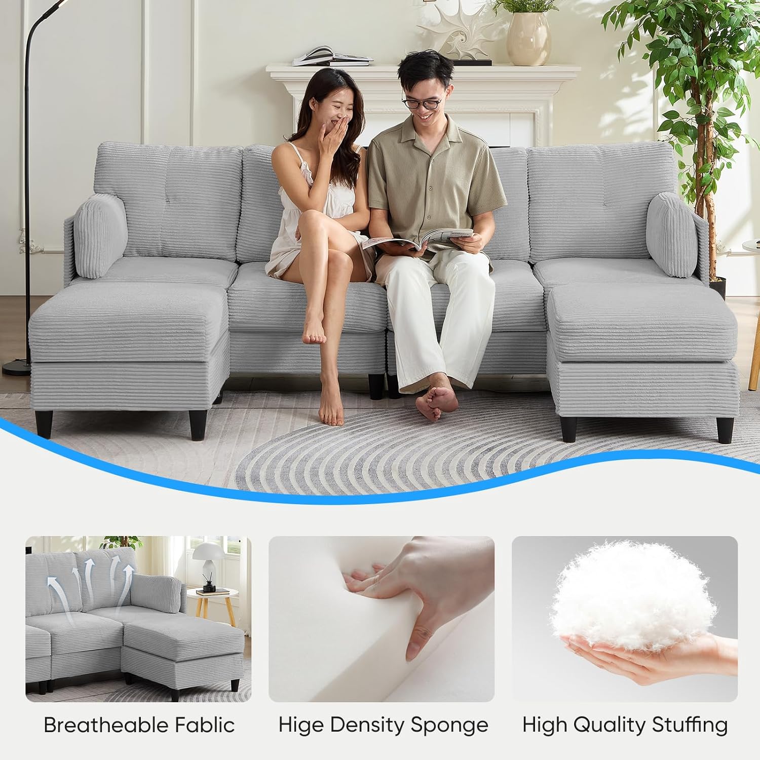 Close-up of the corduroy fabric and cushion showing its soft texture and resilience