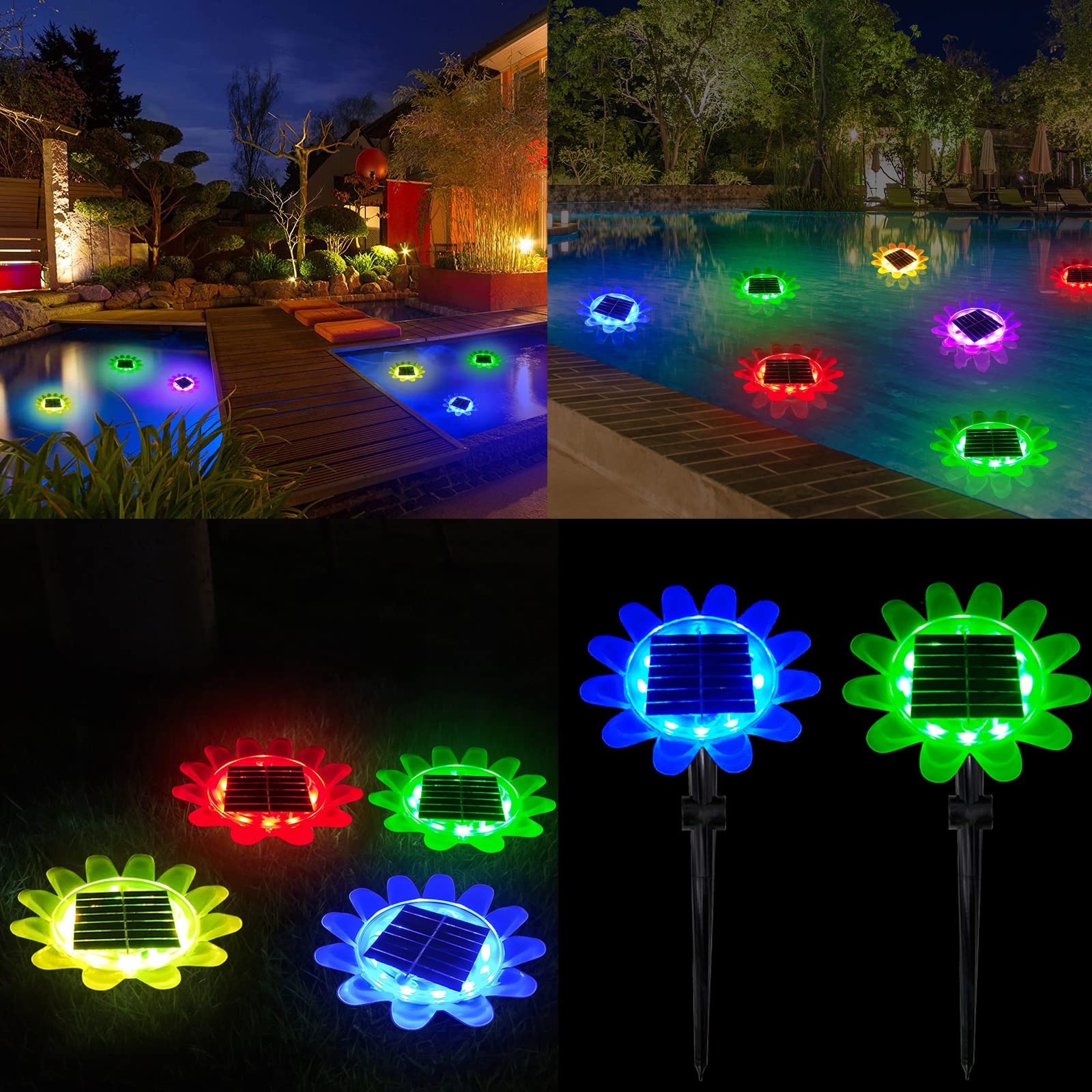 Solarne kwiaty staw światła na zewnątrz, KINGCOO wodoodporne 12 LED kolorowe pływające światła basenowe słonecznik bezpieczeństwo nocna lampka krajobraz punkty 8 trybów do ogrodu trawnika ścieżki (2 szt.)