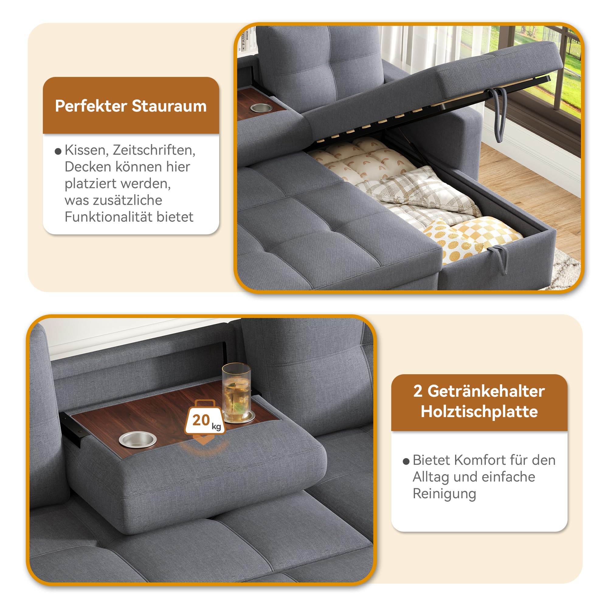 Divano Letto Estraibile con funzione letto, Divano Letto Modulare con Spazio Contenitore e Portabicchieri, Chaise Longue, Mobili imbottiti divano Angolare 3 Posti Forma di L,Grigio