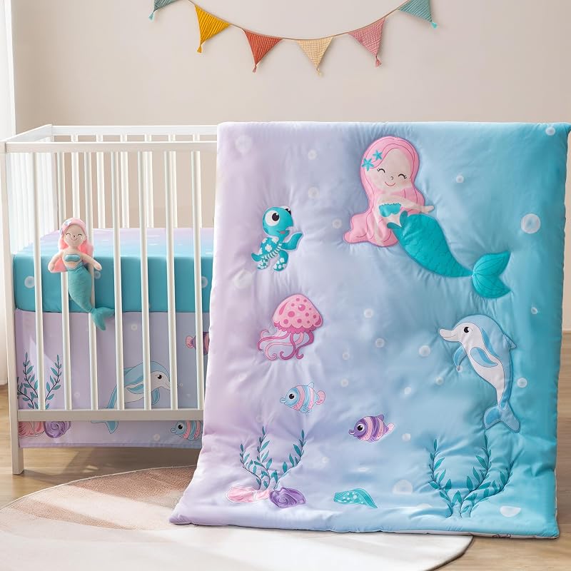 Crib Bedding Set with Plush Toy for Baby Boys Girls, Oeko-Tex | 4 Piece Nursery Bedding, Fitted Sheet, Quilt, Crib Skirt, Stuffed Mermaid, Gender Neutral, Cartoon Animal Style, Shower Gift
