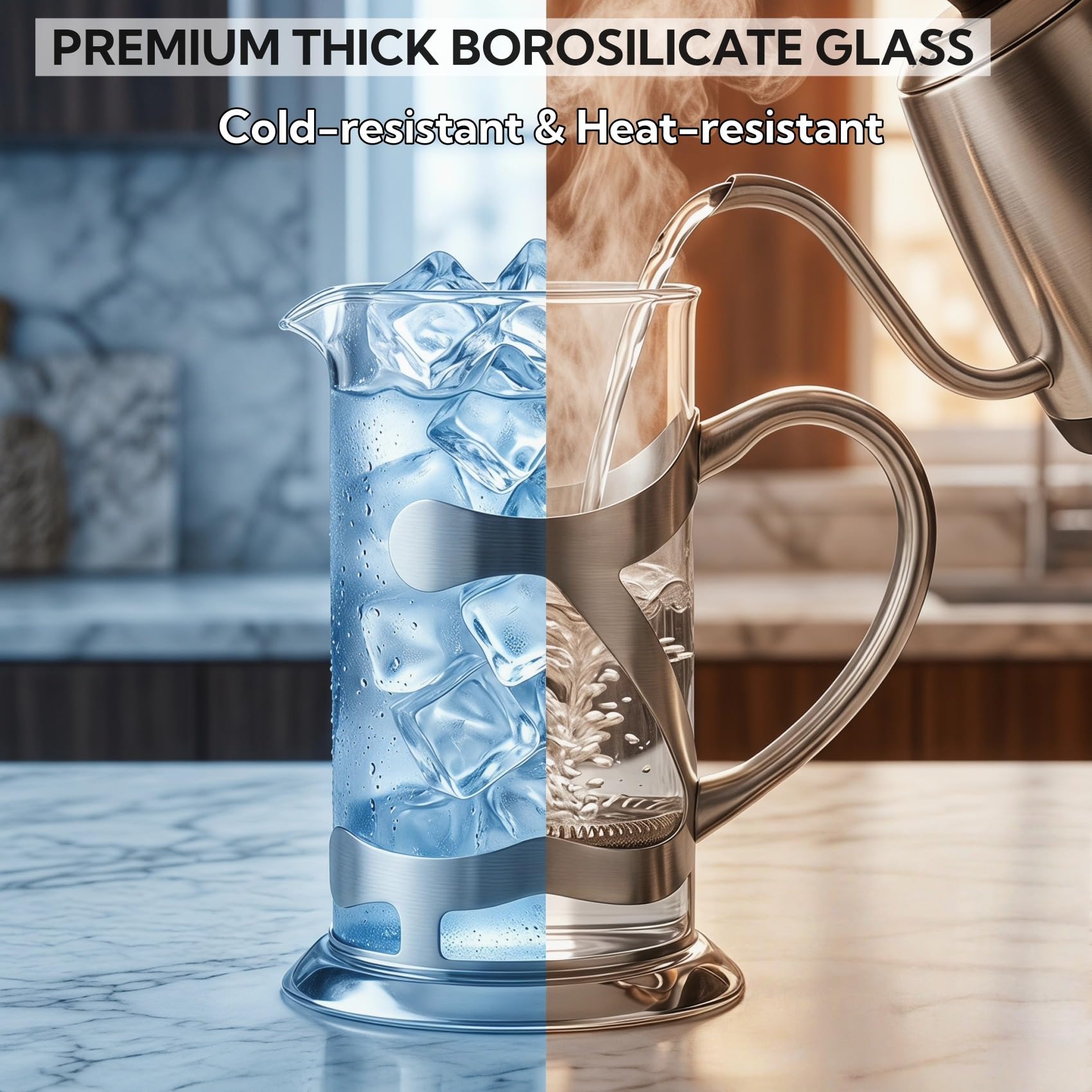 Cafetera de prensa francesa de acero inoxidable de 1 litro, prensa de café de vidrio de borosilicato resistente al calor con cuchara medidora de café, cafetera manual para café y té