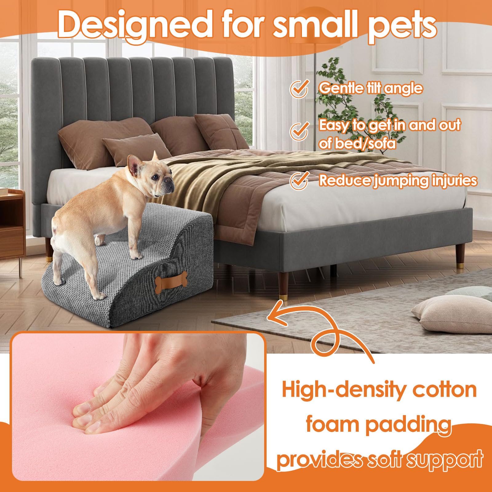 Scala per cani di piccola taglia con rivestimento lavabile e fondo antiscivolo, 55 x 34 x 40 cm, scala per animali domestici, scala a 3 livelli, rampa per cani rimovibile per letto, divano (grigio