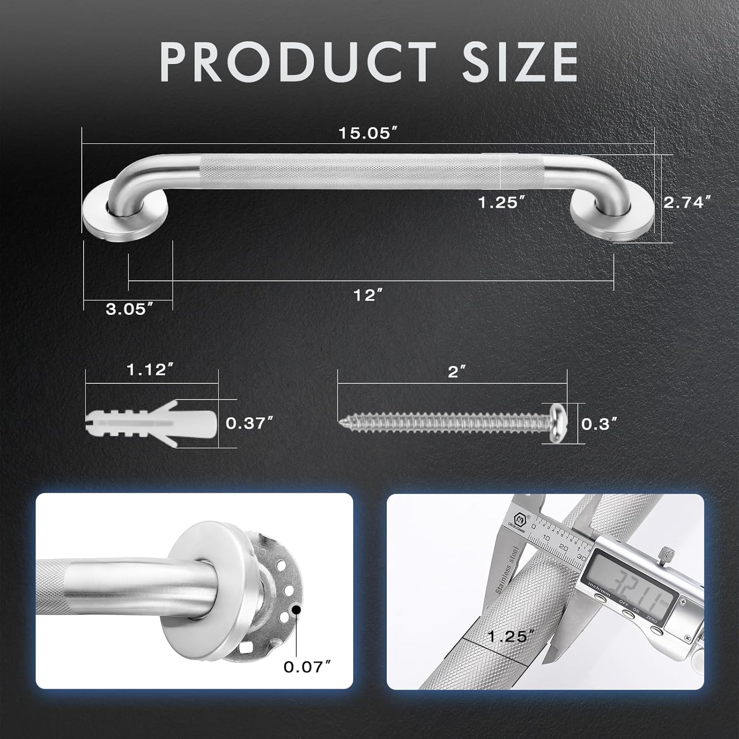 Grab Bars for Bathtubs and Showers, 304 Stainless Steel Handicap Grab Bar, Anti Slip Bathroom Handrail with Knurled Surface, Holds up to 500 LBS Safety Shower Handle for Elderly (12 Inches)