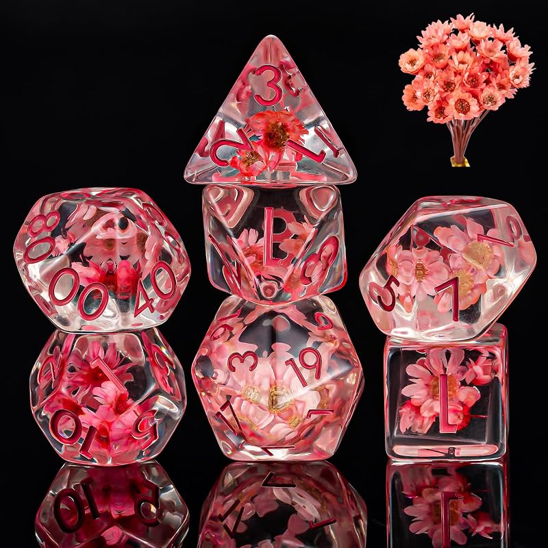 Juego de dados D&D de resina floral, 7 piezas de dados poliédricos para mazmorras y dragones, RPG, MTG, juegos de rol (D4, D6, D8, D10, D12, D20, D%)
