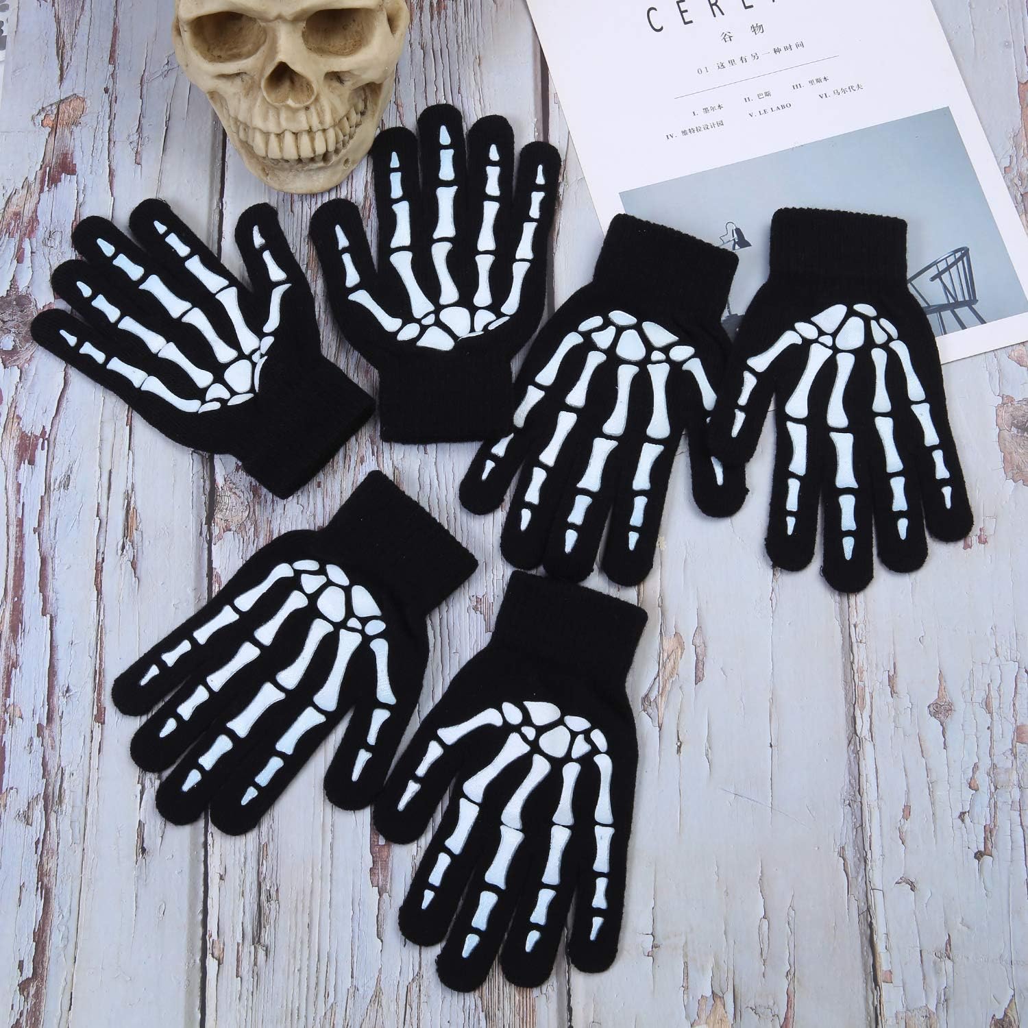Cooraby 3 Pairs Unisex Skeleton Gloves Glow in the Dark Knit Full Finger Gloves : Clothing, Shoes & Jewelry