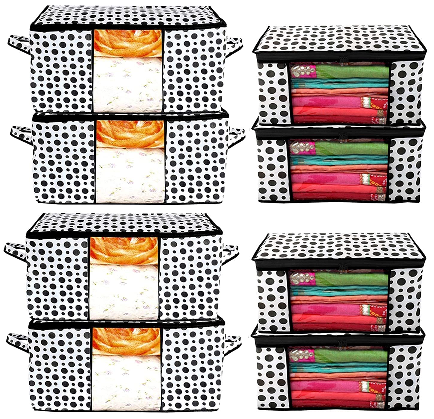 Kuber Industries Exclusive Polka Dots Design 4 Piece Non Woven Saree Cover and 4 Pieces Underbed Storage Bag, Storage Organiser, Blanket Cover (Black & White) -CTLTC38123