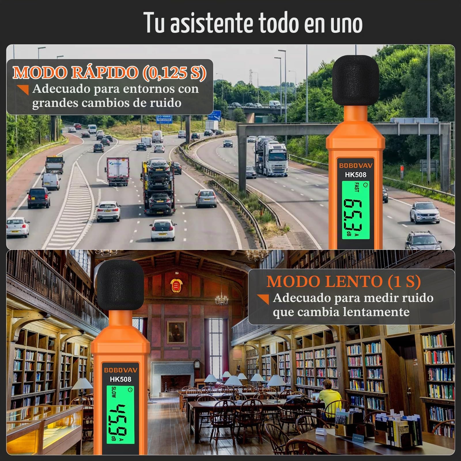 Medidor de Decibelios Digital Portátil, Rango 30-130 dB, Pantalla Verde Retroiluminada, Respuesta Fast/Slow, Memoria MAX/MIN