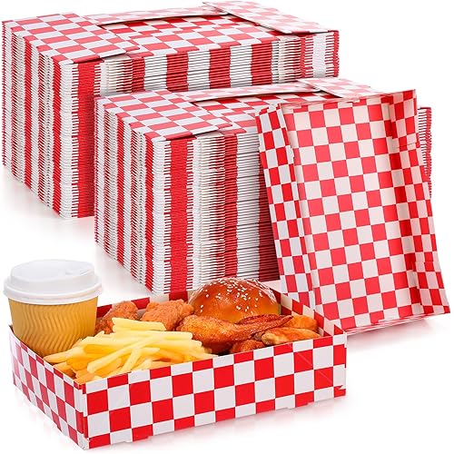 Bandeja desechable de cartón rojo a cuadros de 10.24 x 7.09 x 2.36 pulgadas, contenedor para servir aperitivos, 4 esquinas emergentes para perros