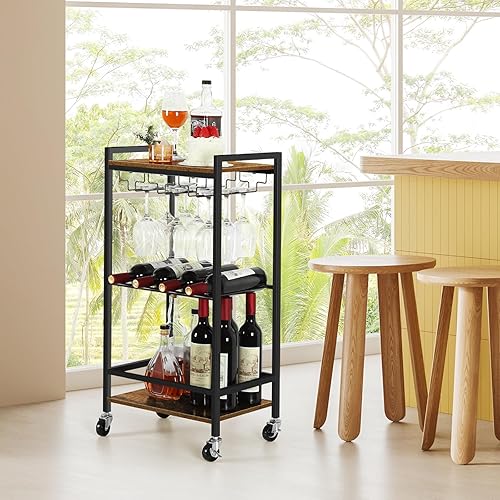 Miniatura 3 de Carrito de bar para el hogar, mini carrito de servicio de 3 niveles con ruedas, carrito de vino rodante con estante de almacenamiento y soporte de