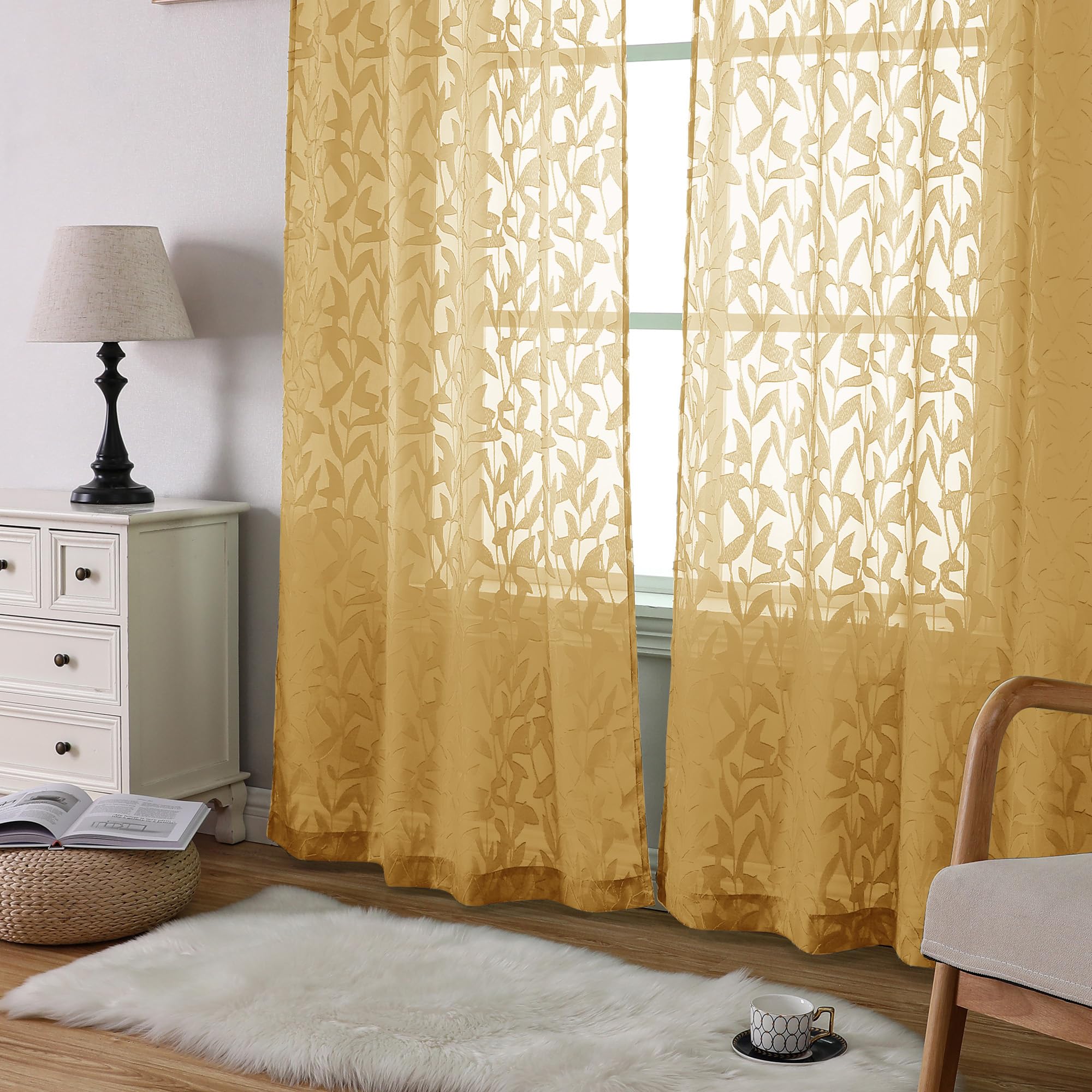 OWENIE Leyna Gold Sheer Curtains 72 Inches Long for Bedroom 2 Panels Set, Light Filtering Clip Jacquard Textured Living Room Curtains, Rod Pocket Leaves Door Drapes, Each 40Wx72L Inch