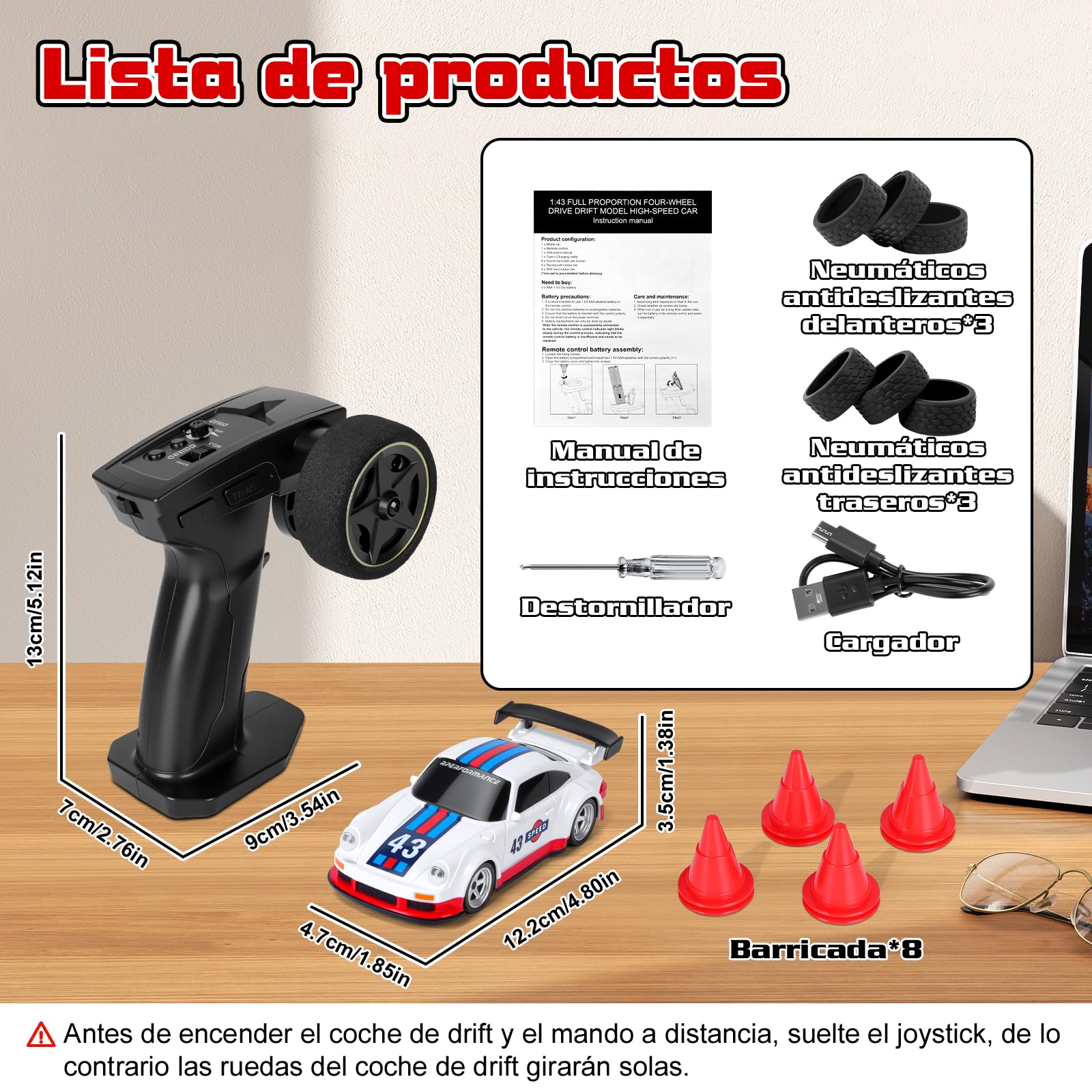 Joellfuner Coche Teledirigido Drift, 1:43 Mini Drift RC Car, 4WD Coche Radiocontrol con Kit Barricada y Luces LED, 15km/h, Coche Teledirigido de Juguete para Niños Mayores de 14 Años (Gyroskop)