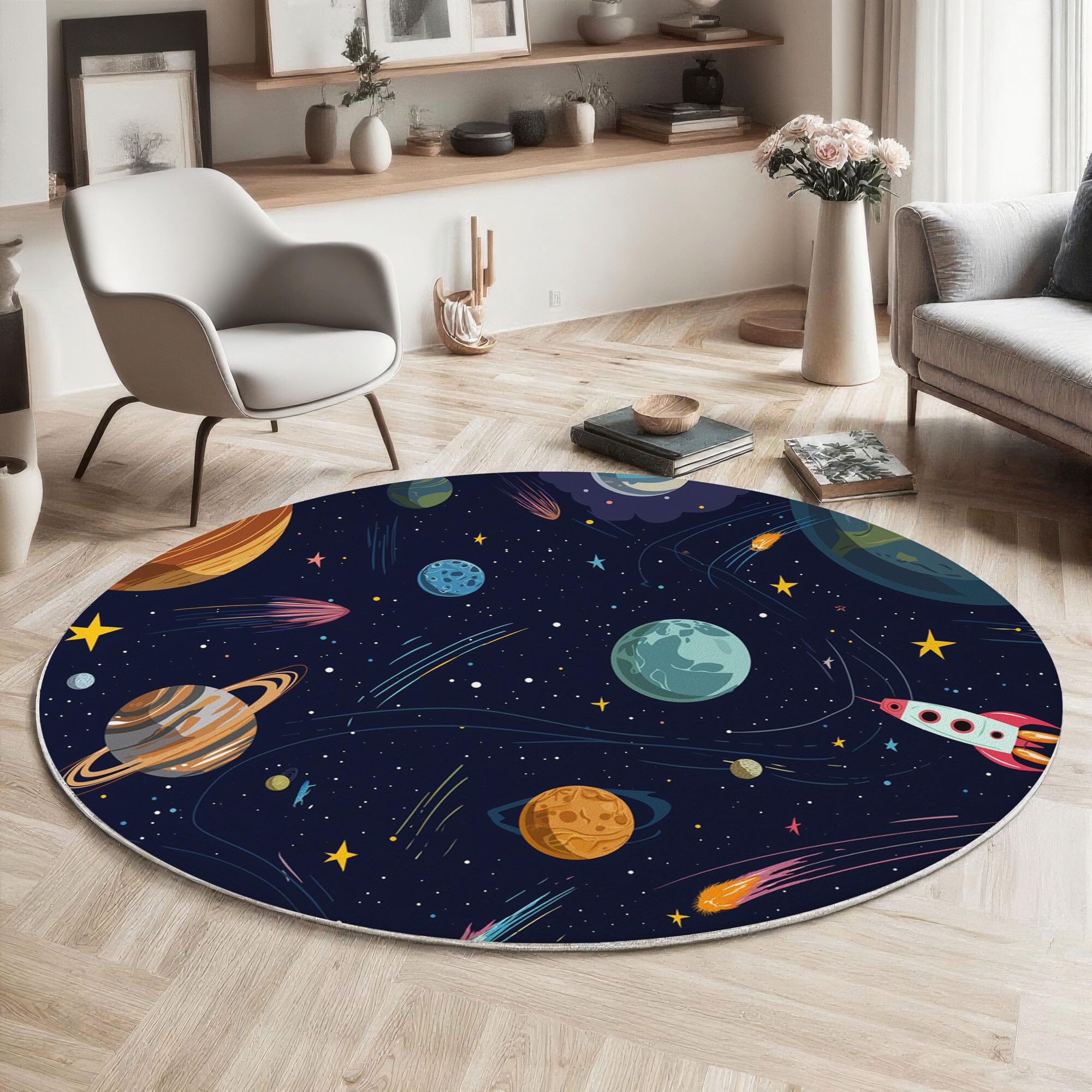 Cartoon-Weltraum-Hintergrund Maschinenwaschbarer Runder Teppich–Weich Pflegeleicht Mit Planet Raketenmuster Print-Muster, Anti-Rutsch Teppich Für Wohnzimmer Und Küche,100Cm,Dunkelblau