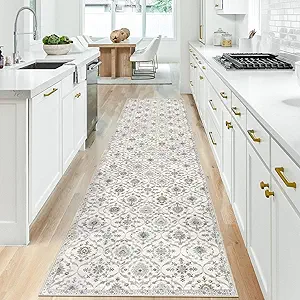 KILOCOCO 2.6x10 Runner Rug, Moroccan Super Soft Washable Hallway Entryway Runner Rug, Accent Print Faux Wool Kitchen Runner 10 Feet Non-Slip Boho Carpet for Laundry Room Bedroom, Cream Beige Grey