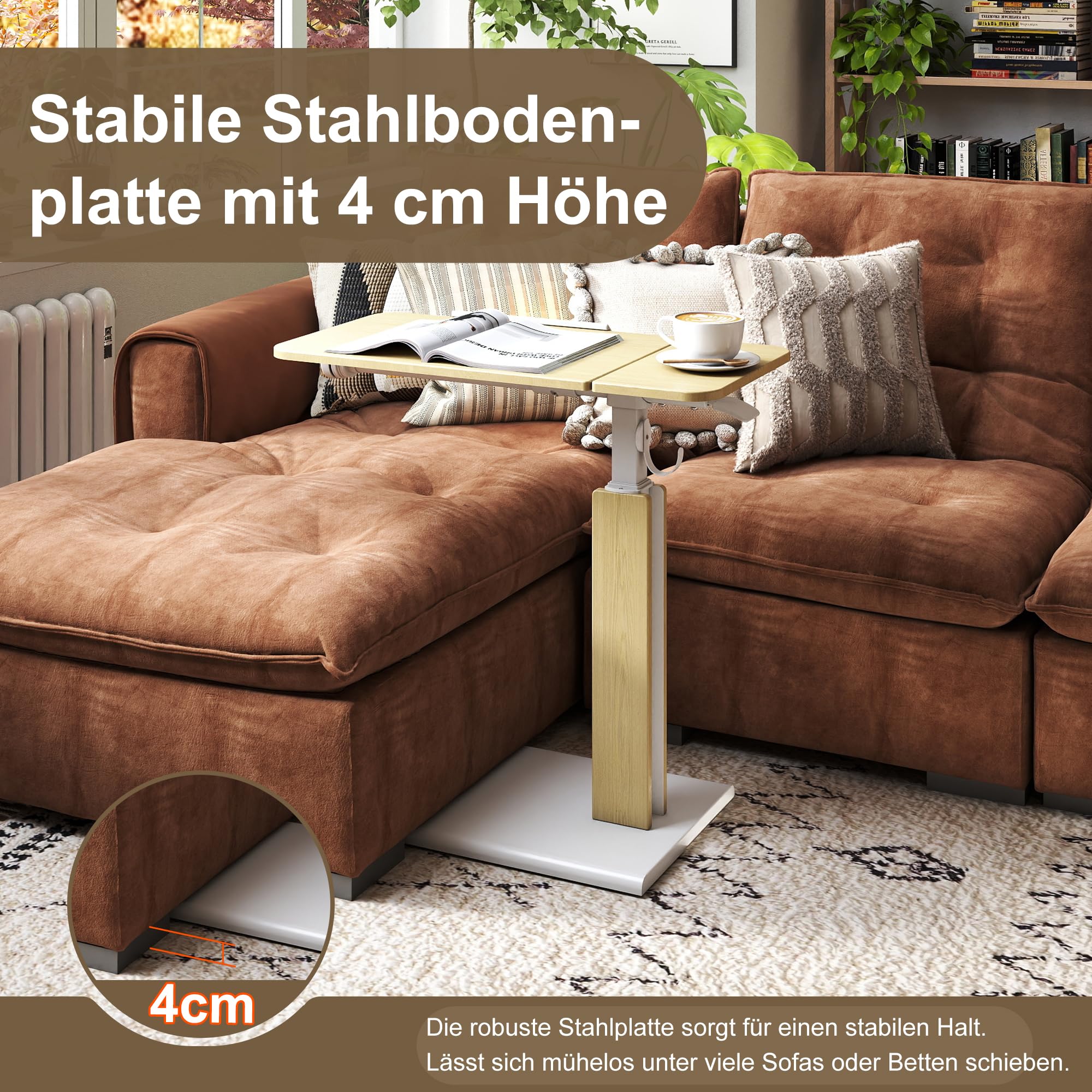 ETHU Klappbarer Laptoptisch mit Rollen, Höhenverstellbarer Nachttisch (67-101 cm) & Neigbare XXL-Tischplatte, Mobiler Beistelltisch für Bett, Sofa & Homeoffice (Eiche)