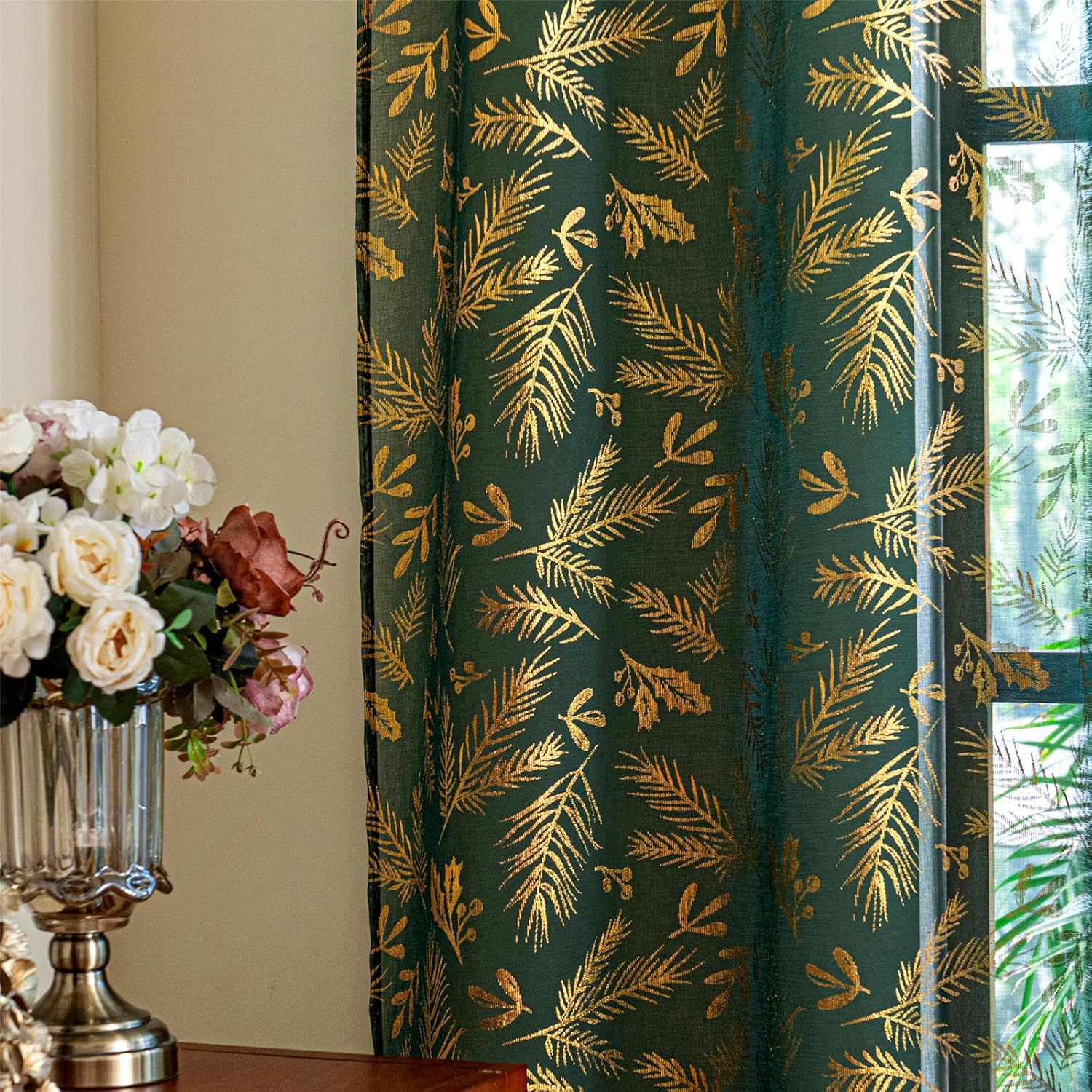 Deeprove Orange Sheer Curtains 63 inches Long 2 Panels for Bedroom Living Room Nursery Decor, Abstract Bronzing Metallic Gold Foil Pine Leaves Print Golden Window Treatments Pair Set, W52 x L63 Inch