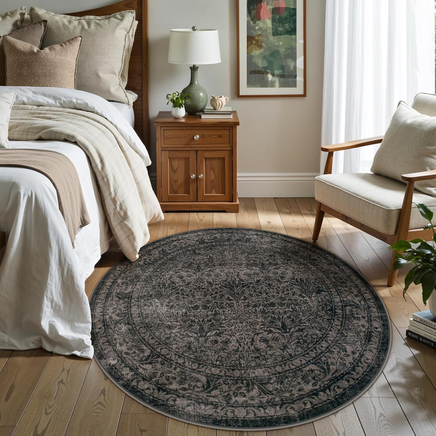 Lahome Floral Black Circle Rug, Round Rugs 6ft for Living Room Bedroom, Vintage Boho Non Slip Non Shedding Stain Resistant Round Carpet for Dorm Office Entry