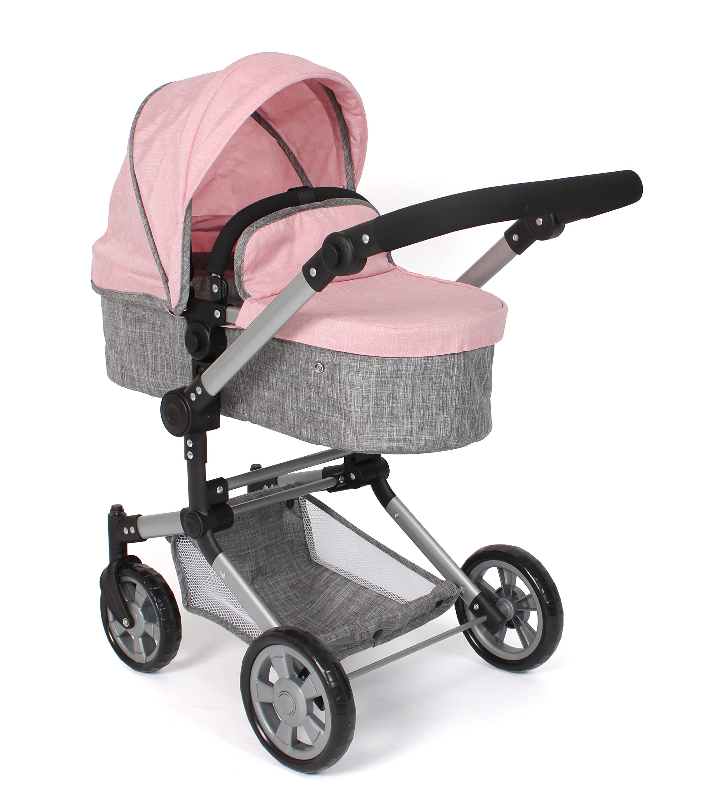 Bayer Chic 2000 Puppenwagen Linus | 2in1 Kombi-Buggy Melange Grau-Rosa | Großer 2in1 Kombi-Puppenwagen mit umwandelbarer Wanne für Puppen bis 52 cm. Melange Grau-Rosa, hoher Griff 47-78 cm.