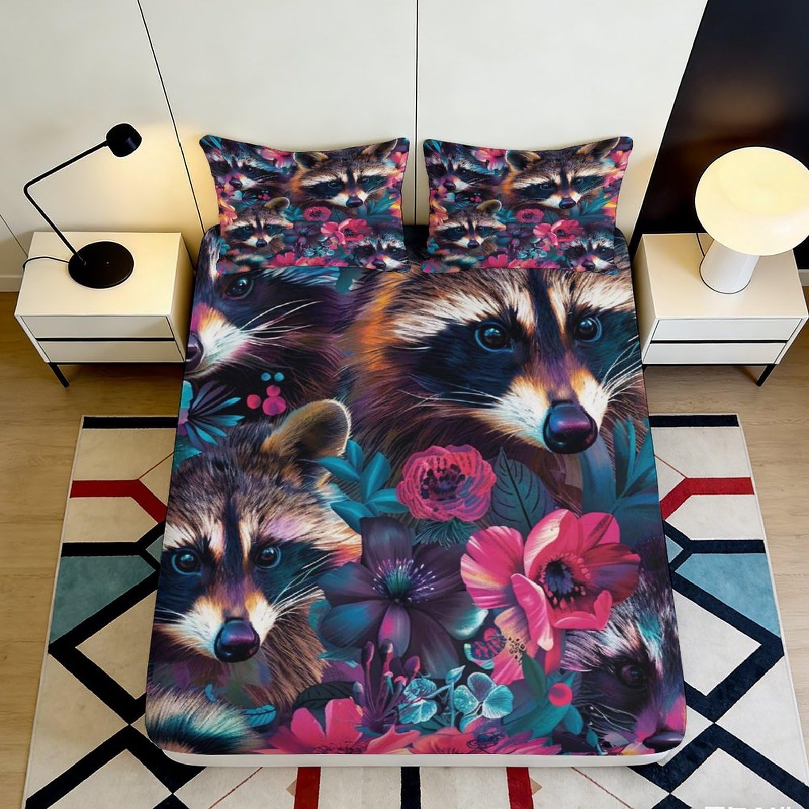 Jqzkxnhpbr Style-3 3D Printed Raccoon Floral Fitted Sheet Microfiber Soft Non Slip Bed Cover For Bedroom Dorm Mattress Protection 90X200x25cm
